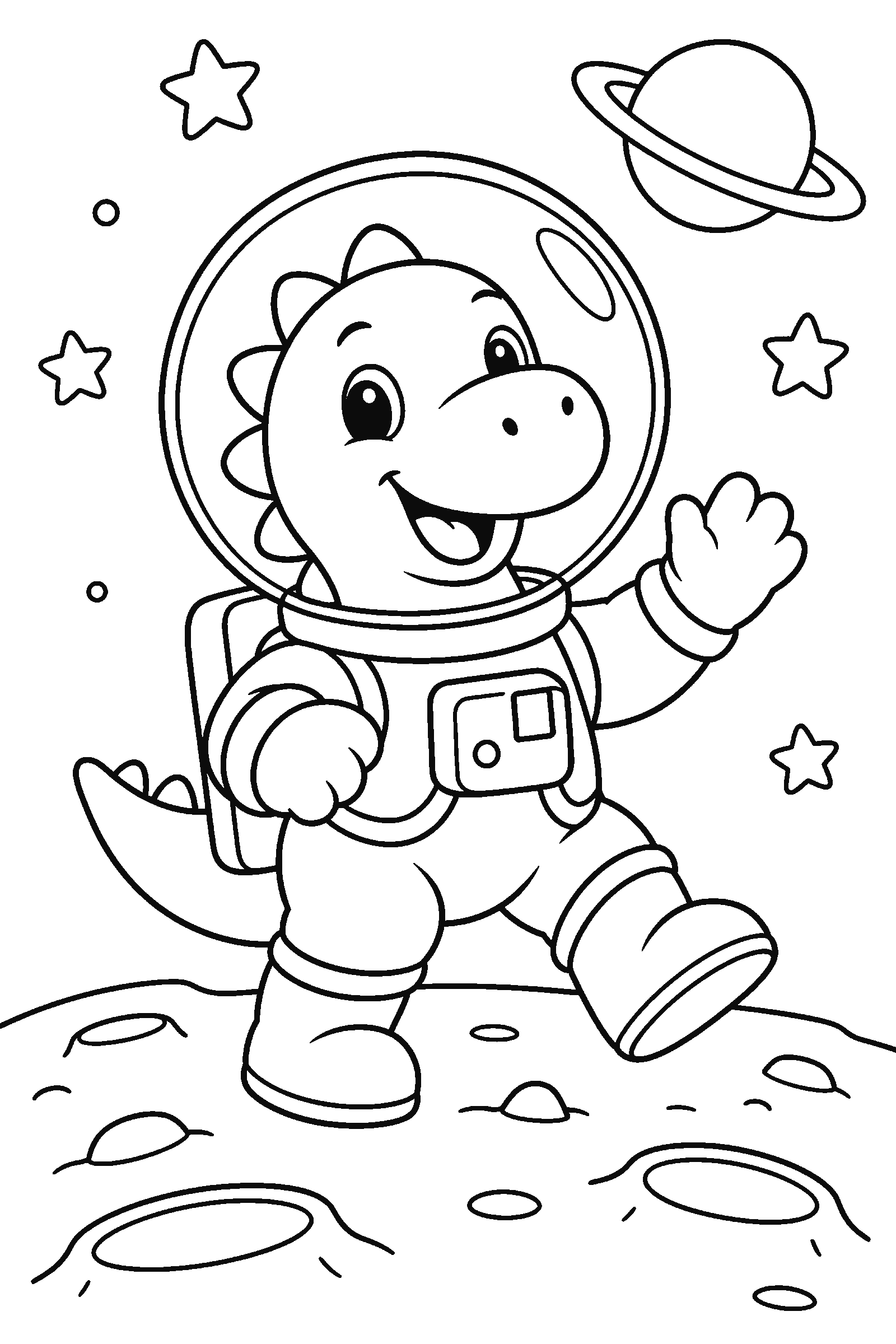 Coloring page of a dinosaur astronaut on the moon