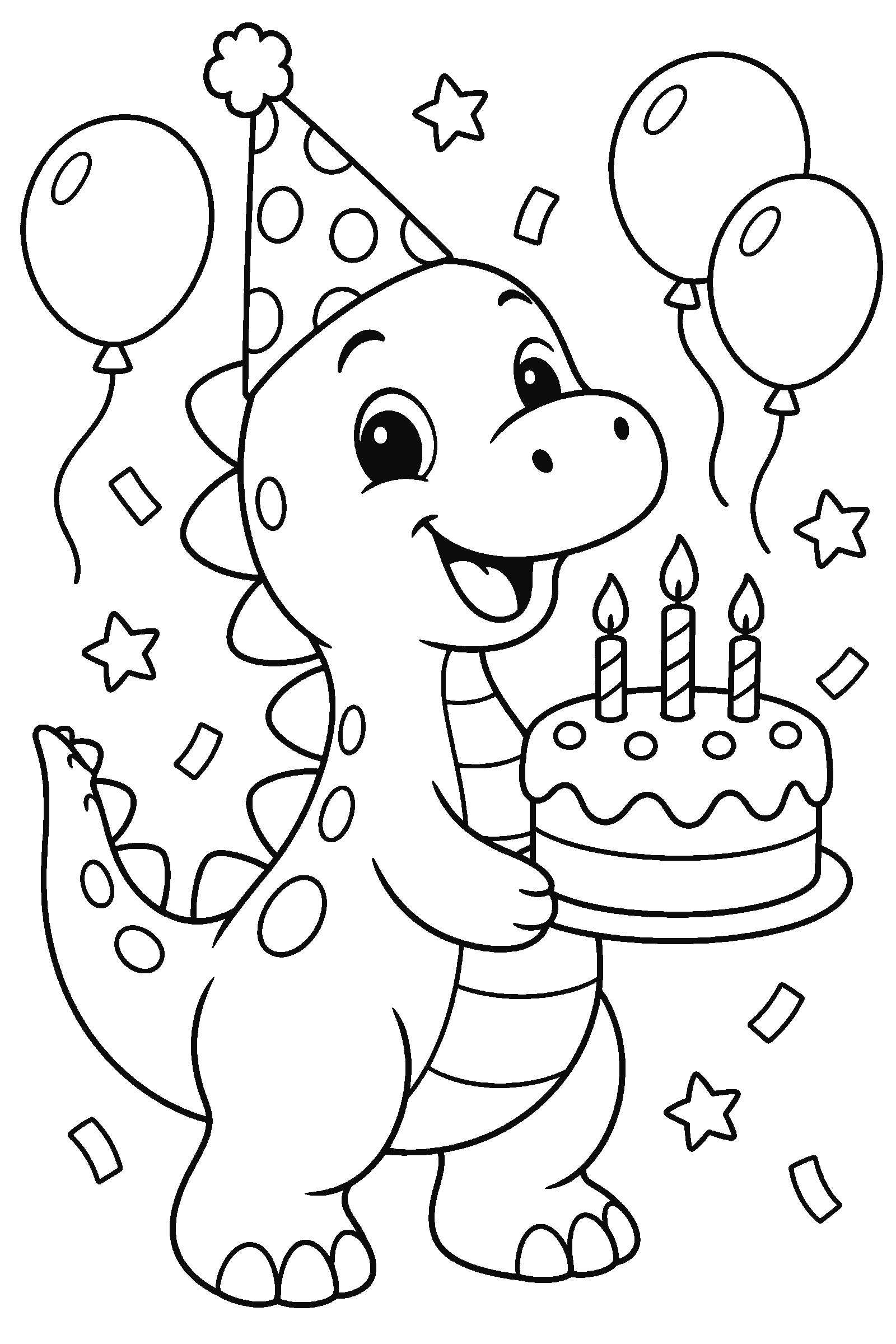 Coloring page of a dinosaur with a party hat and a cake