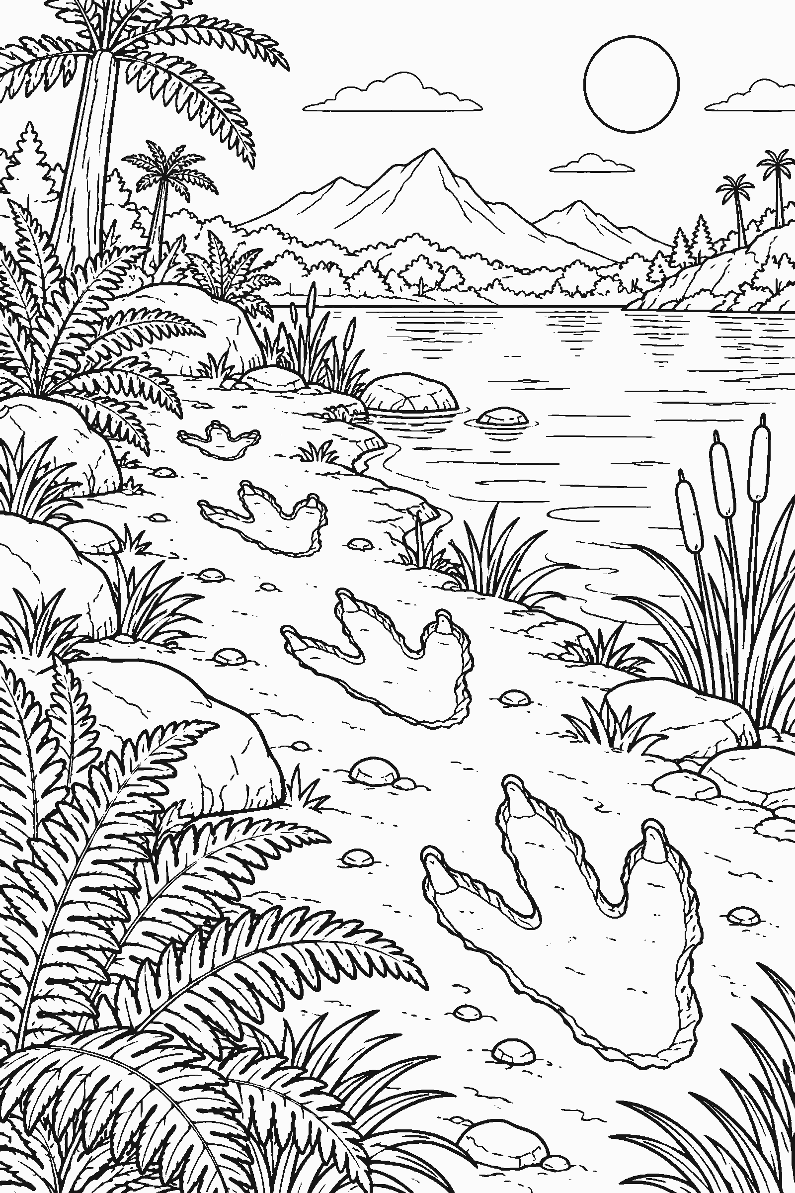 Coloring page of dinosaur tracks by a lake with ferns