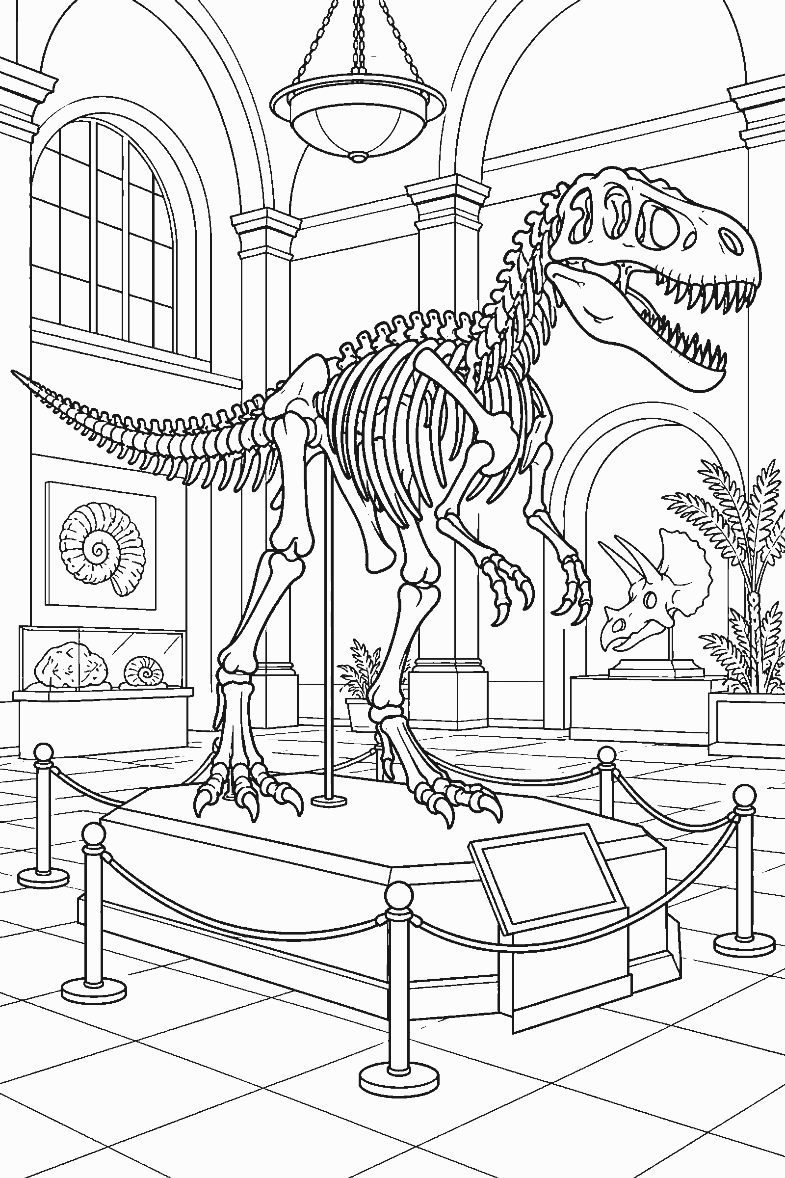 Coloring page of a dinosaur skeleton fossil in a museum