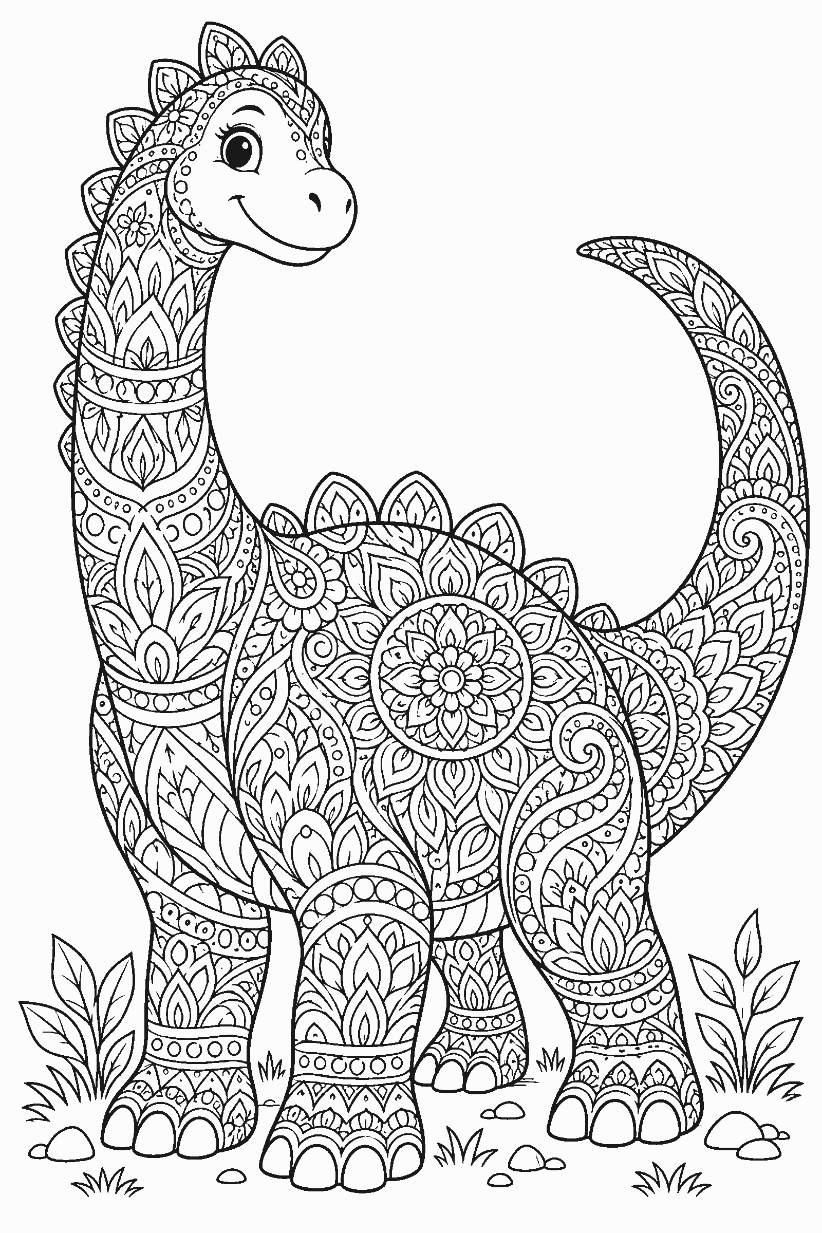 Coloring page of a dinosaur filled with mandala patterns