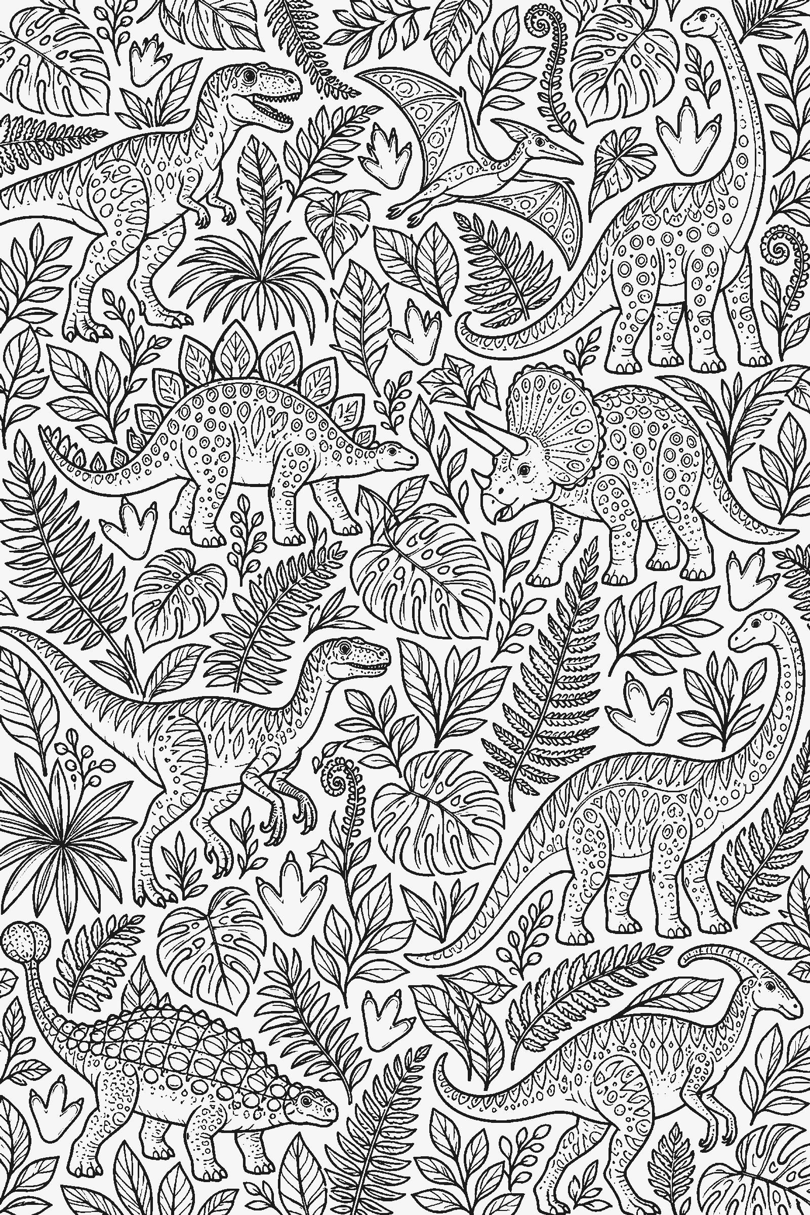 Coloring page of a full-page pattern of dinosaurs, leaves and footprints