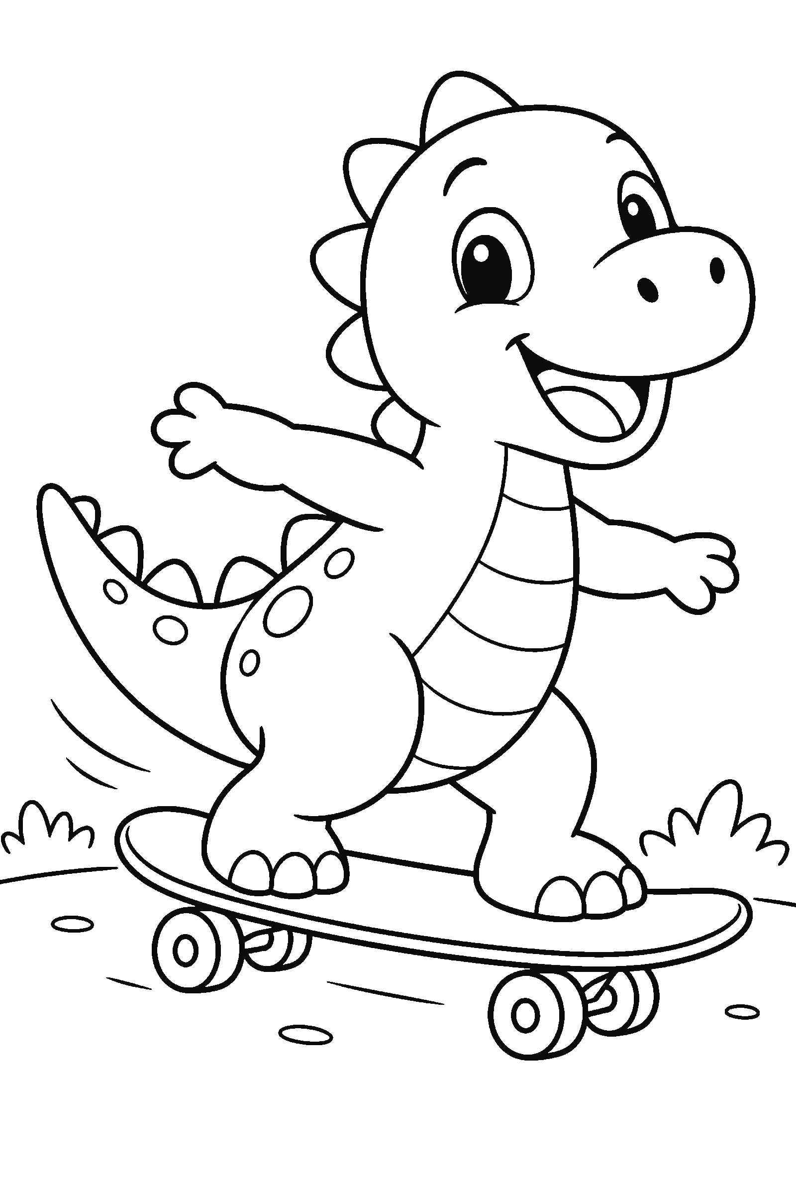 Coloring page of a dinosaur riding a skateboard