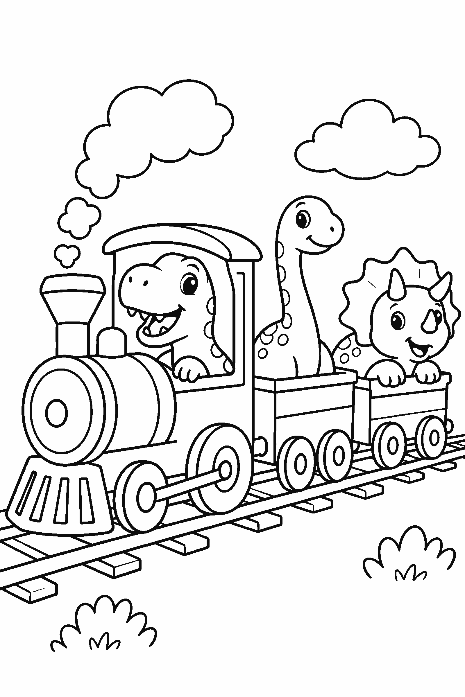 Coloring page of dinosaurs riding a toy train