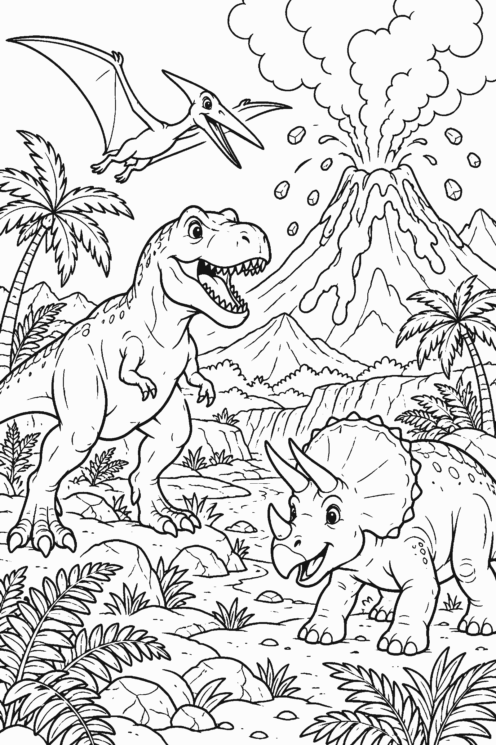 Coloring page of dinosaurs near an erupting volcano