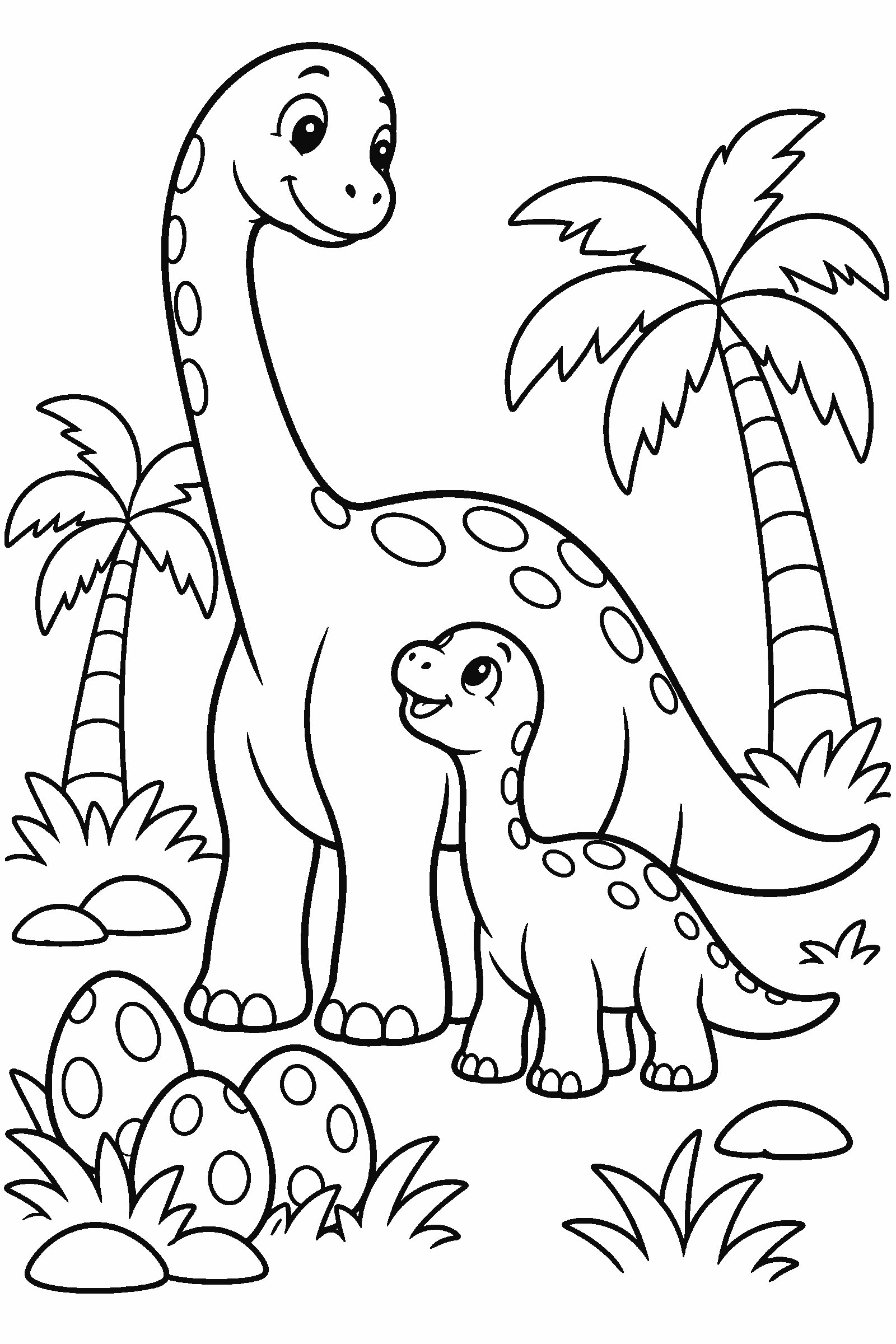 Coloring page of a mother long-neck dinosaur with her baby, eggs and palm trees