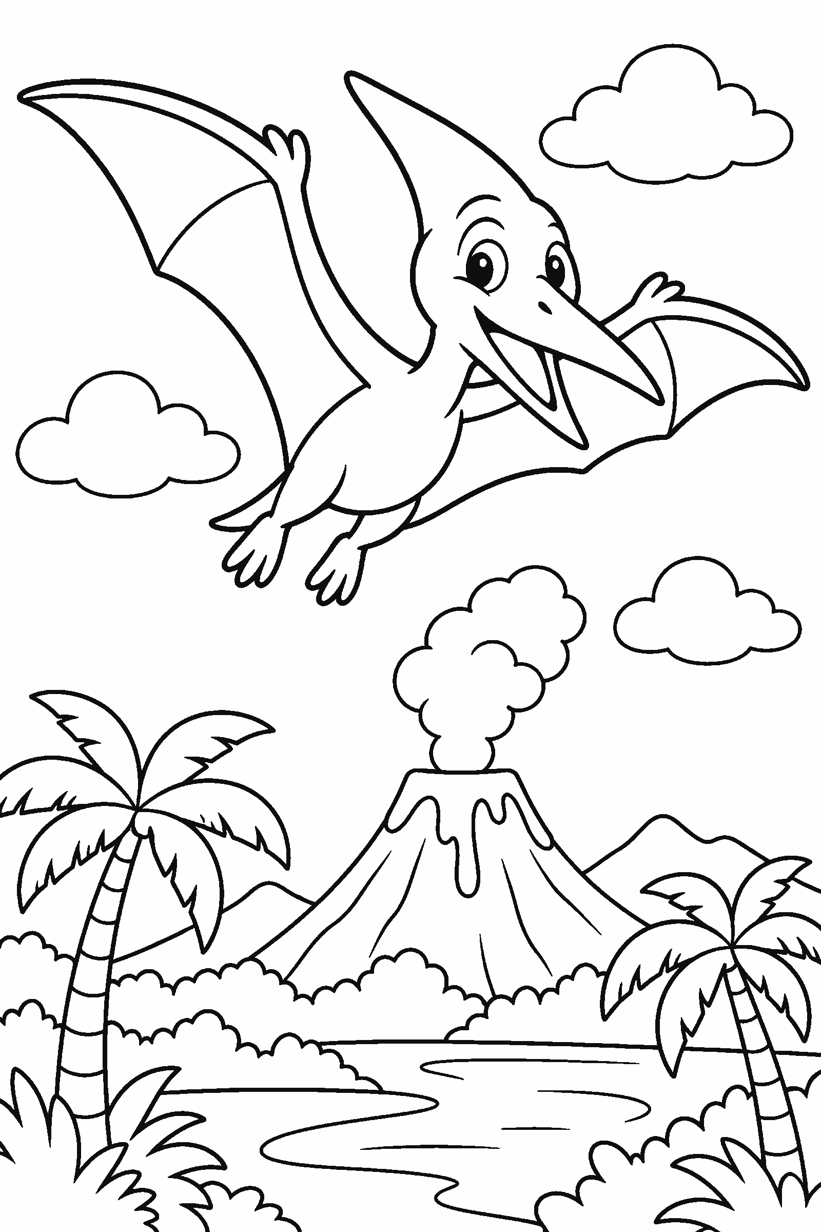 Coloring page of a friendly pterodactyl flying over a volcano and palm trees