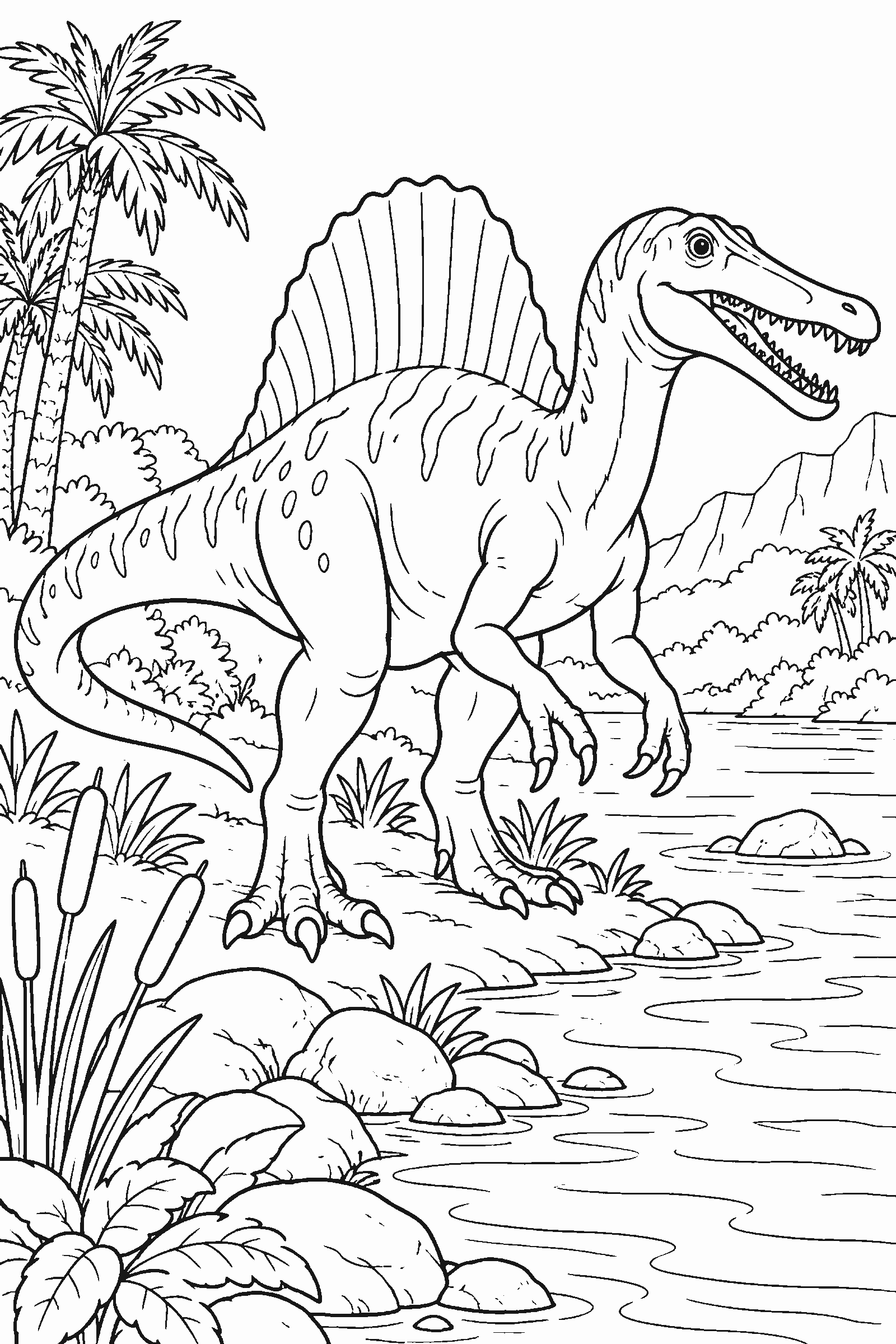 Coloring page of a spinosaurus by a river