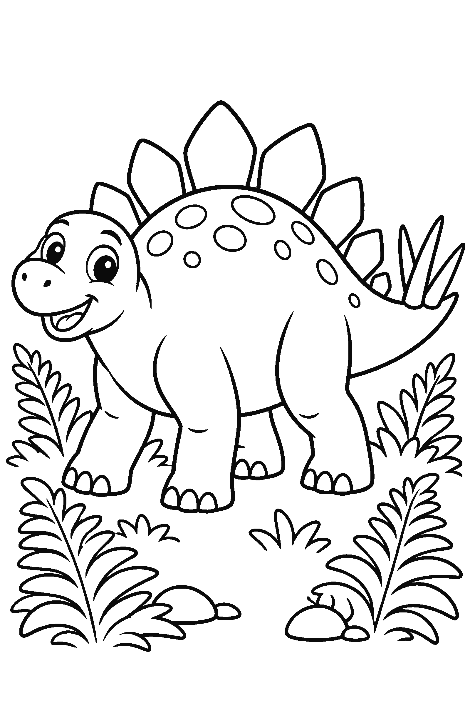 Coloring page of a smiling stegosaurus among ferns