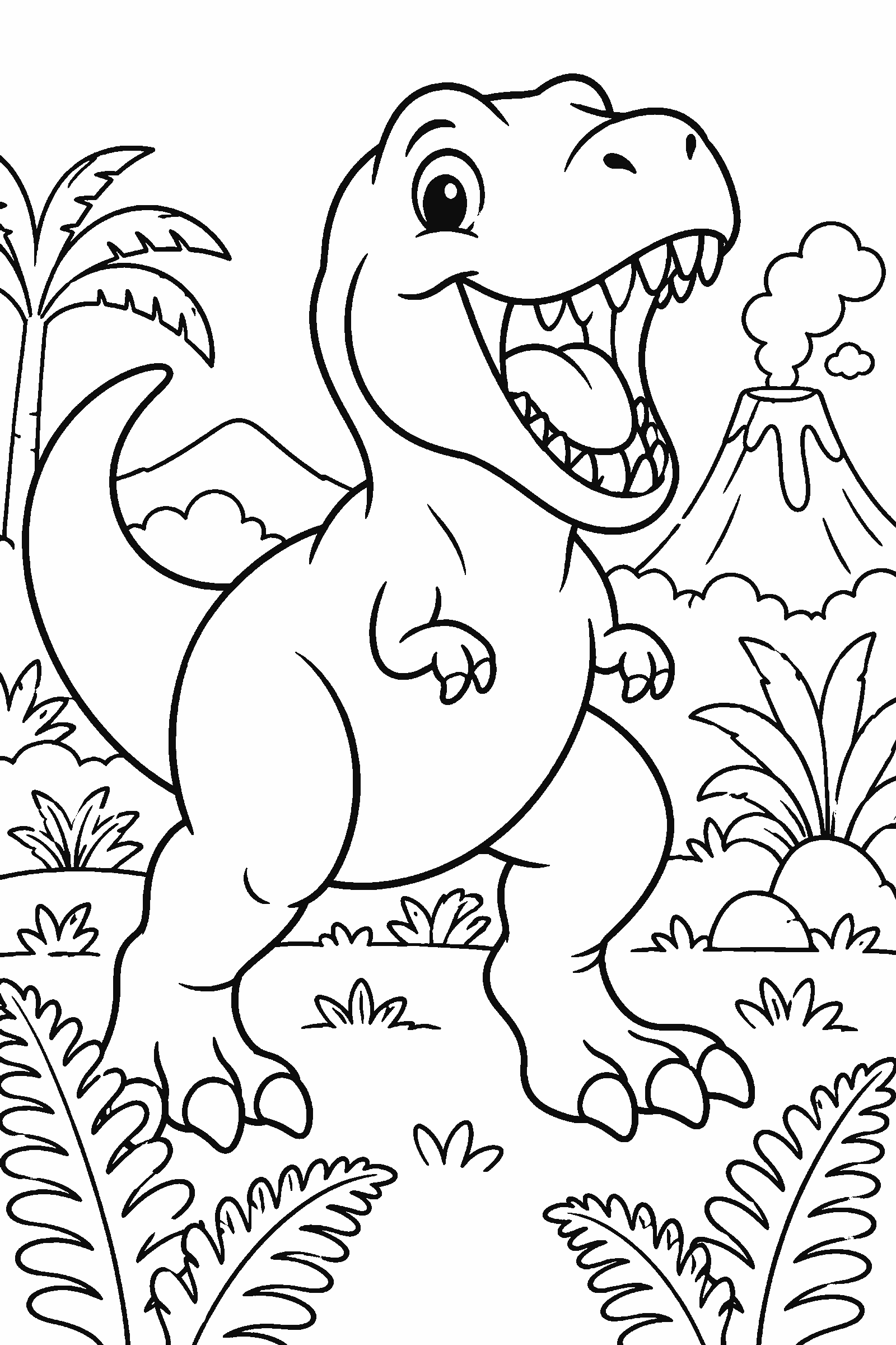 Coloring page of a cute T-rex roaring playfully among ferns with a volcano behind
