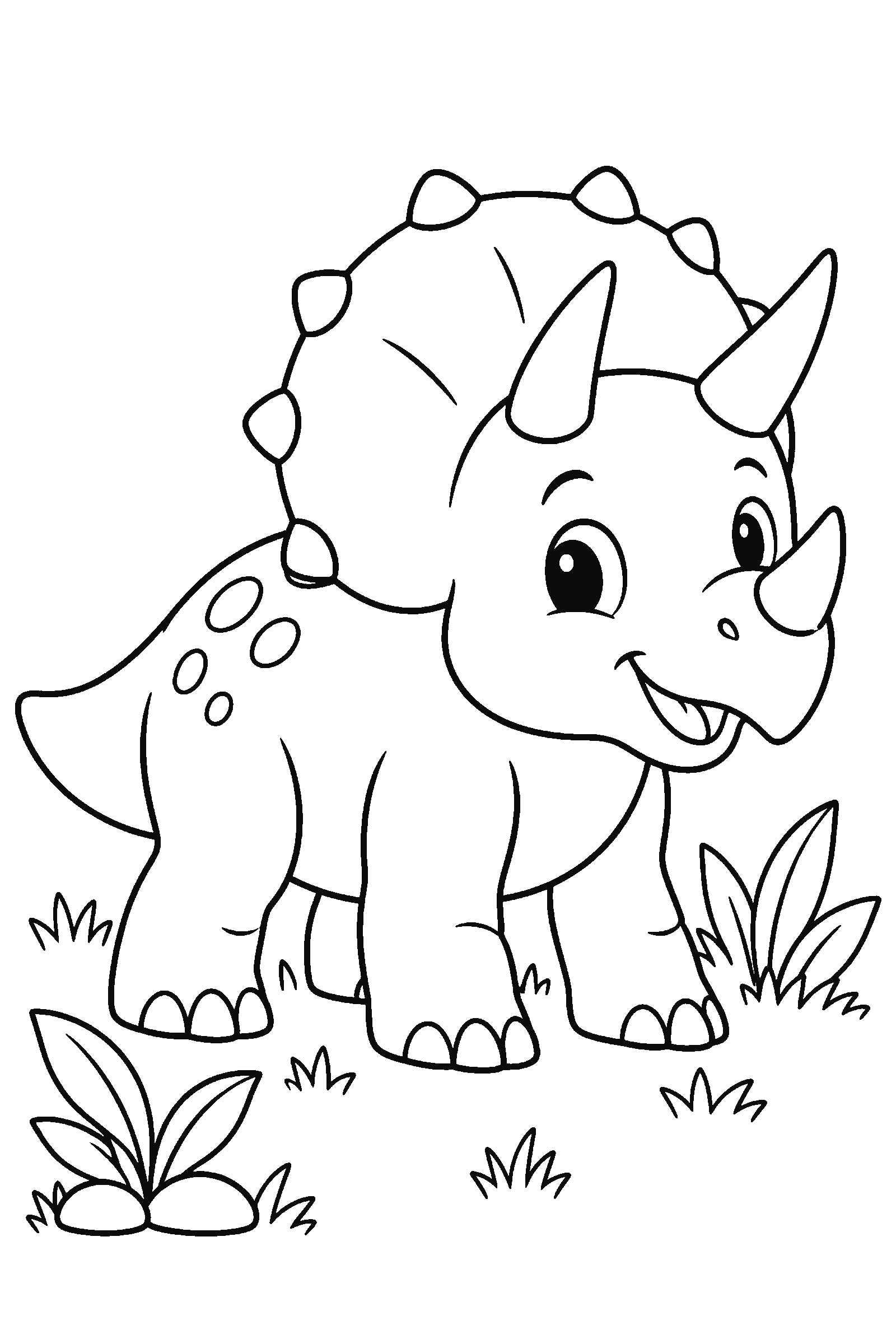 Coloring page of a cute triceratops in the grass