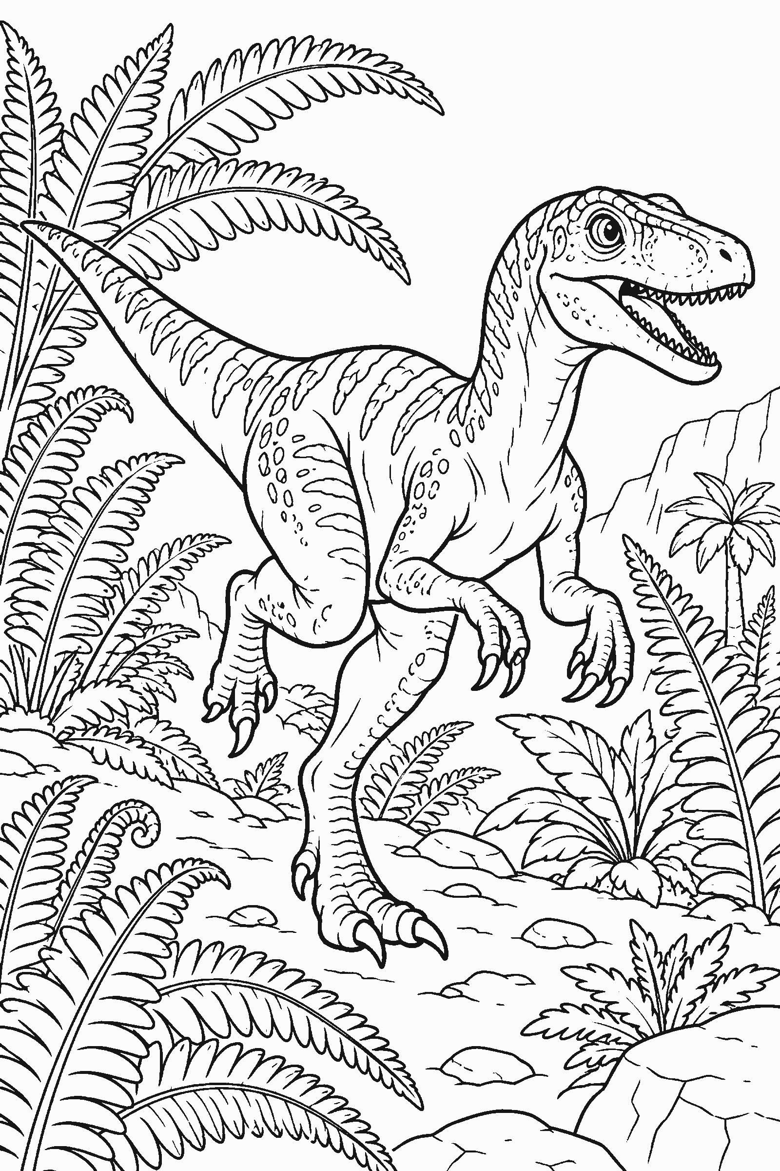 Coloring page of a velociraptor running through ferns