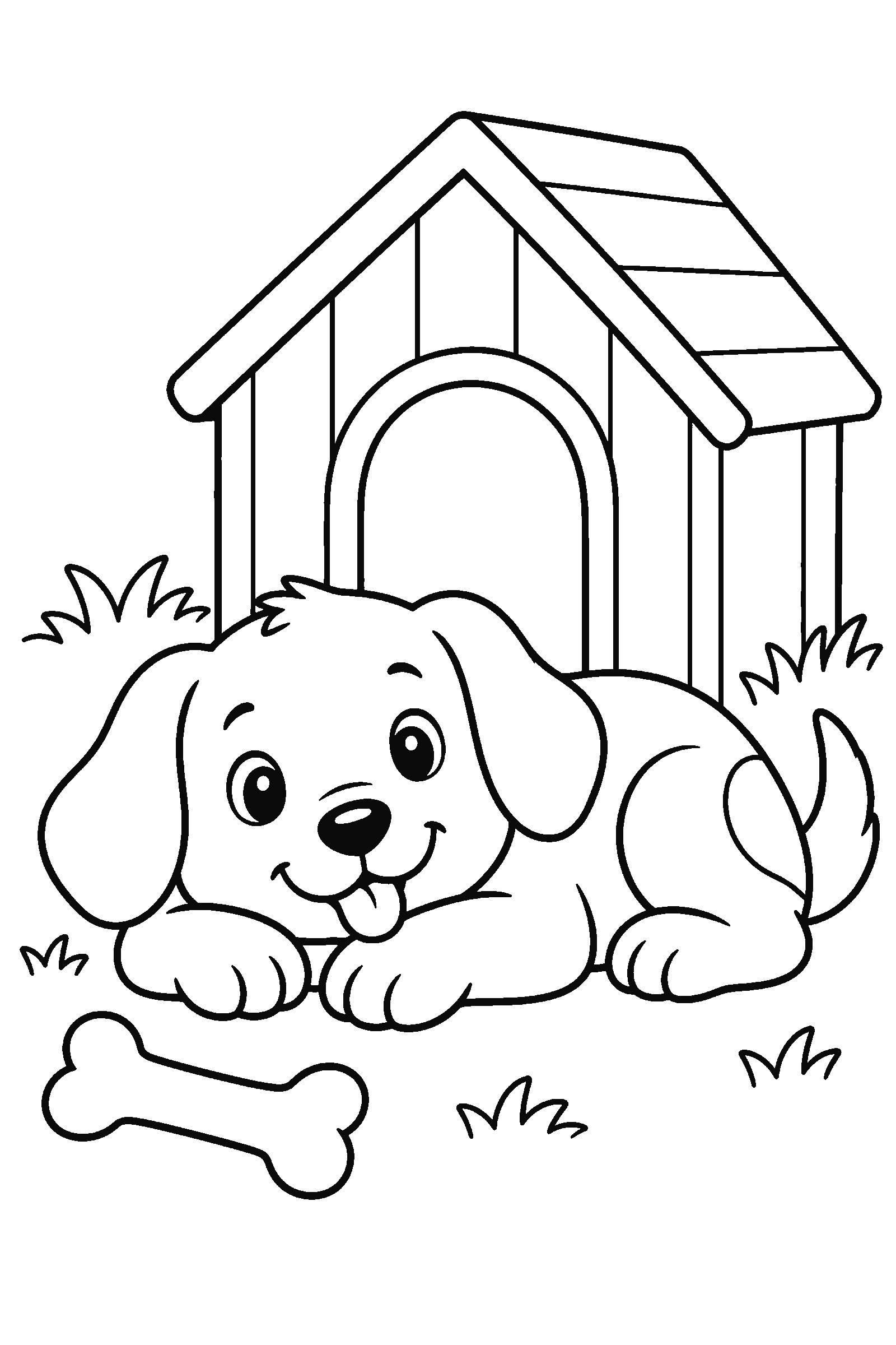 Coloring page of a dog lying in front of a doghouse