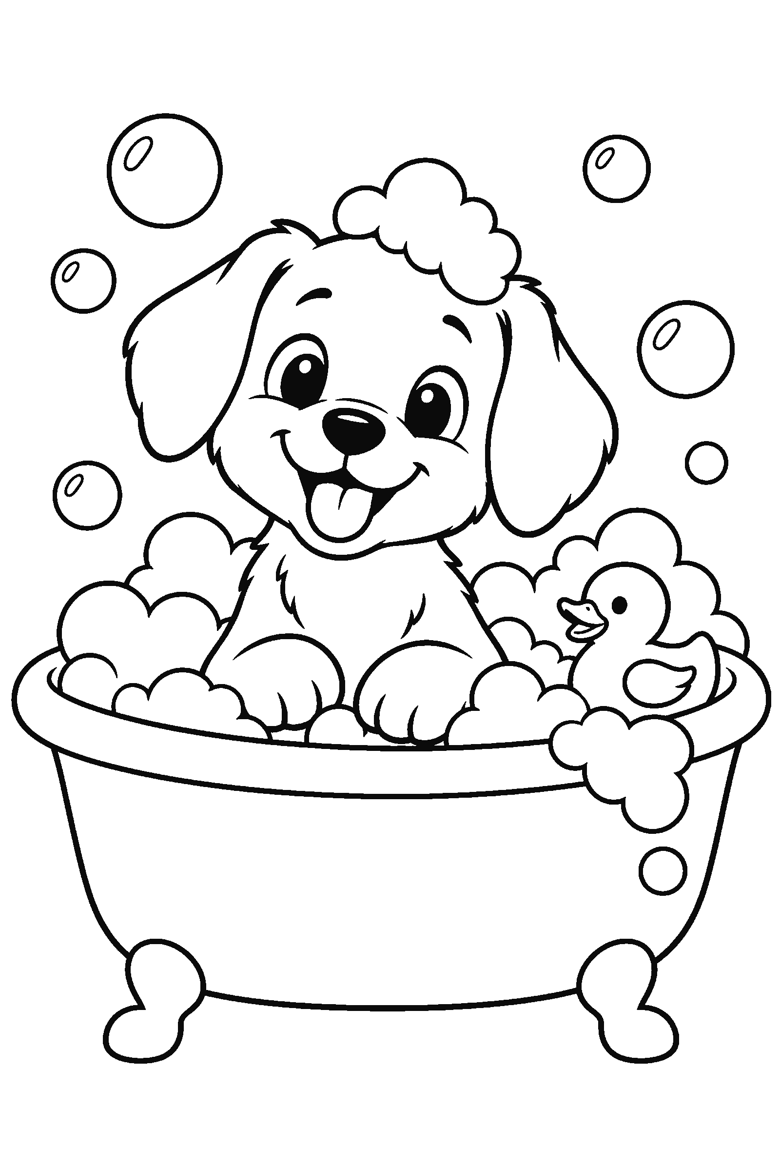 Coloring page of a puppy in a bathtub with bubbles