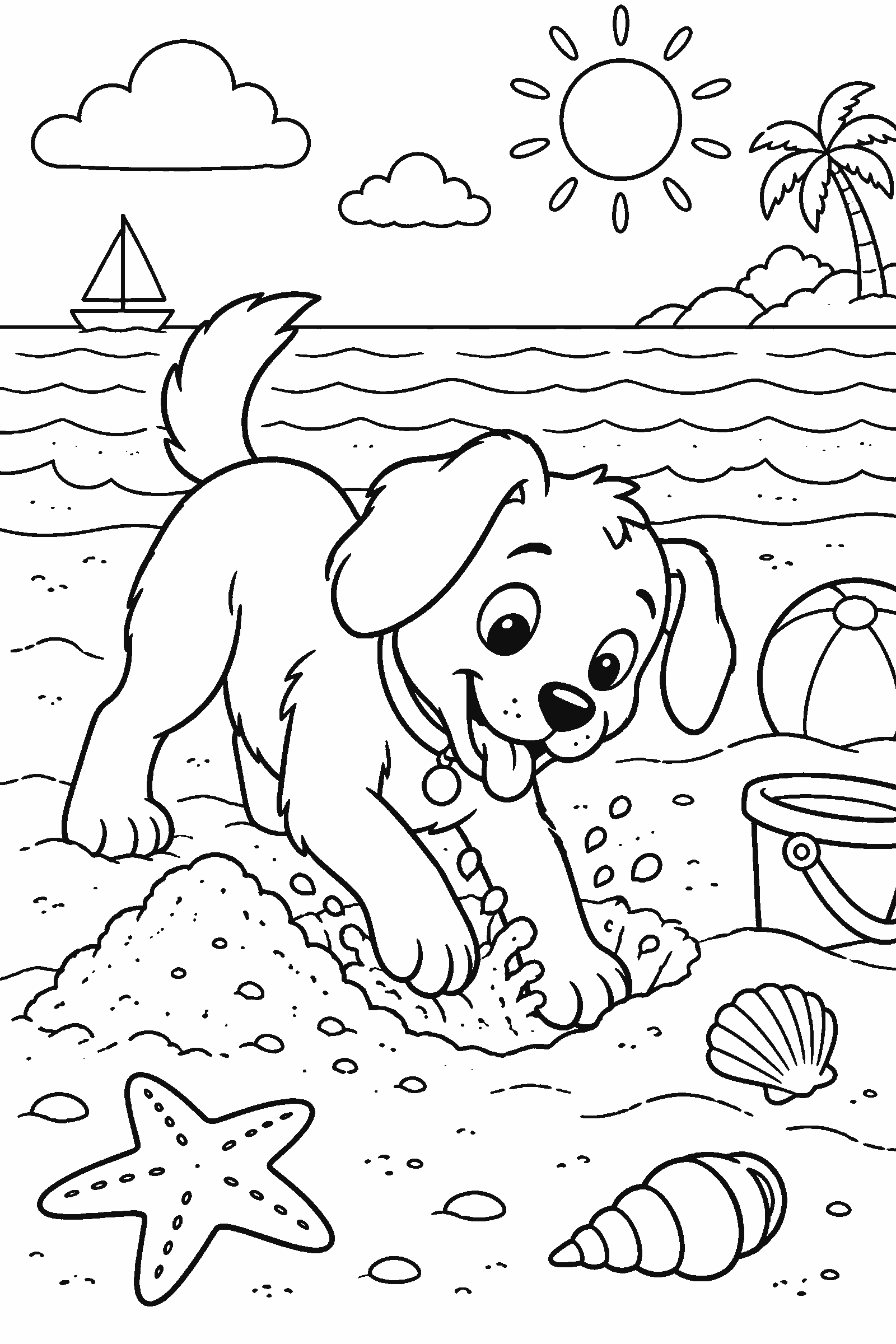 Coloring page of a dog digging on the beach