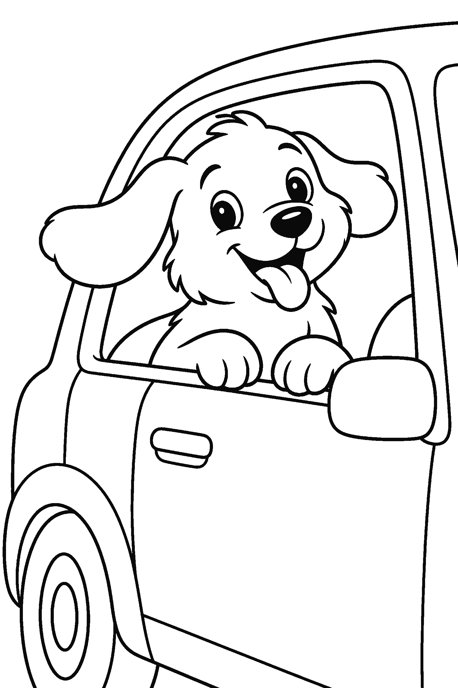 Coloring page of a dog riding in a car with its head out