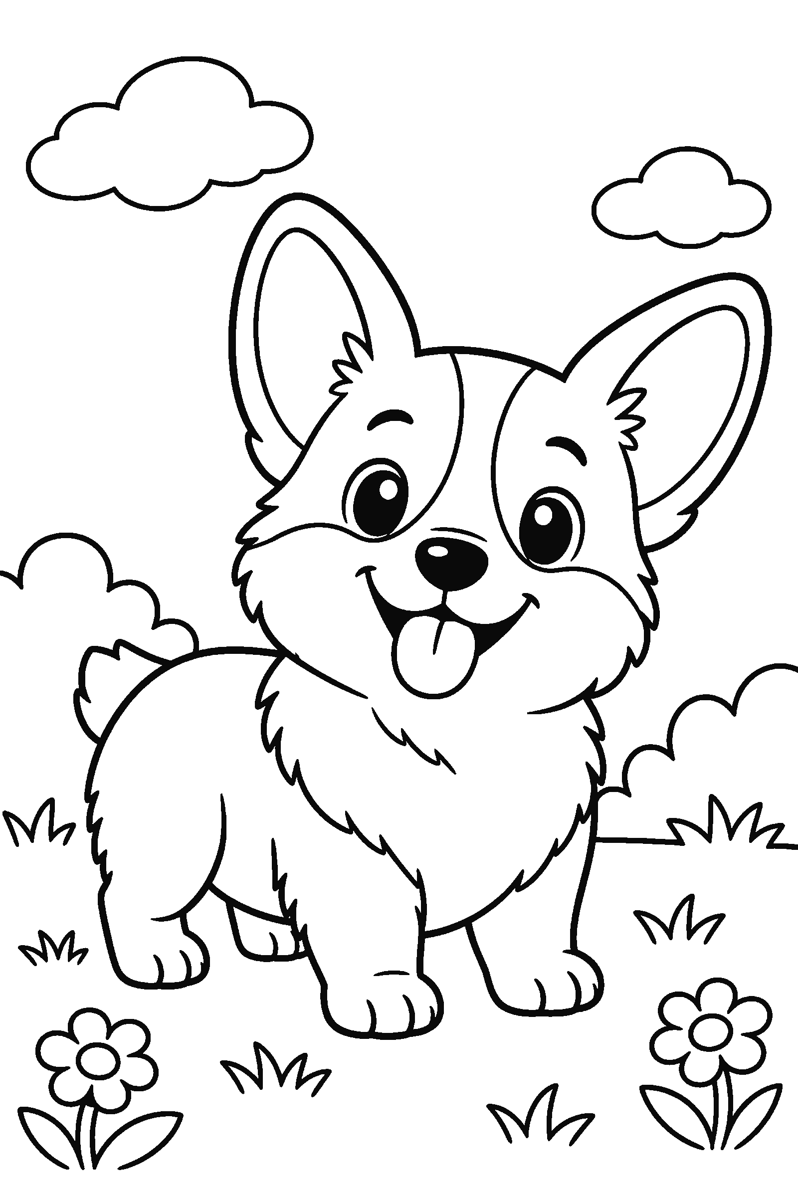 Coloring page of a cute corgi smiling