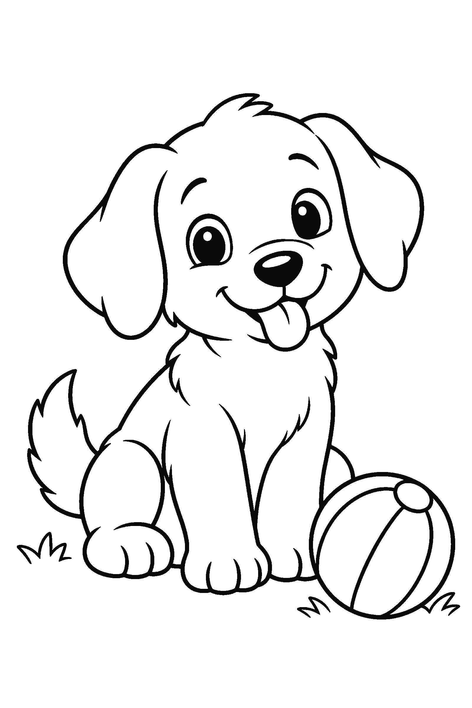 Coloring page of a cute puppy sitting with a ball
