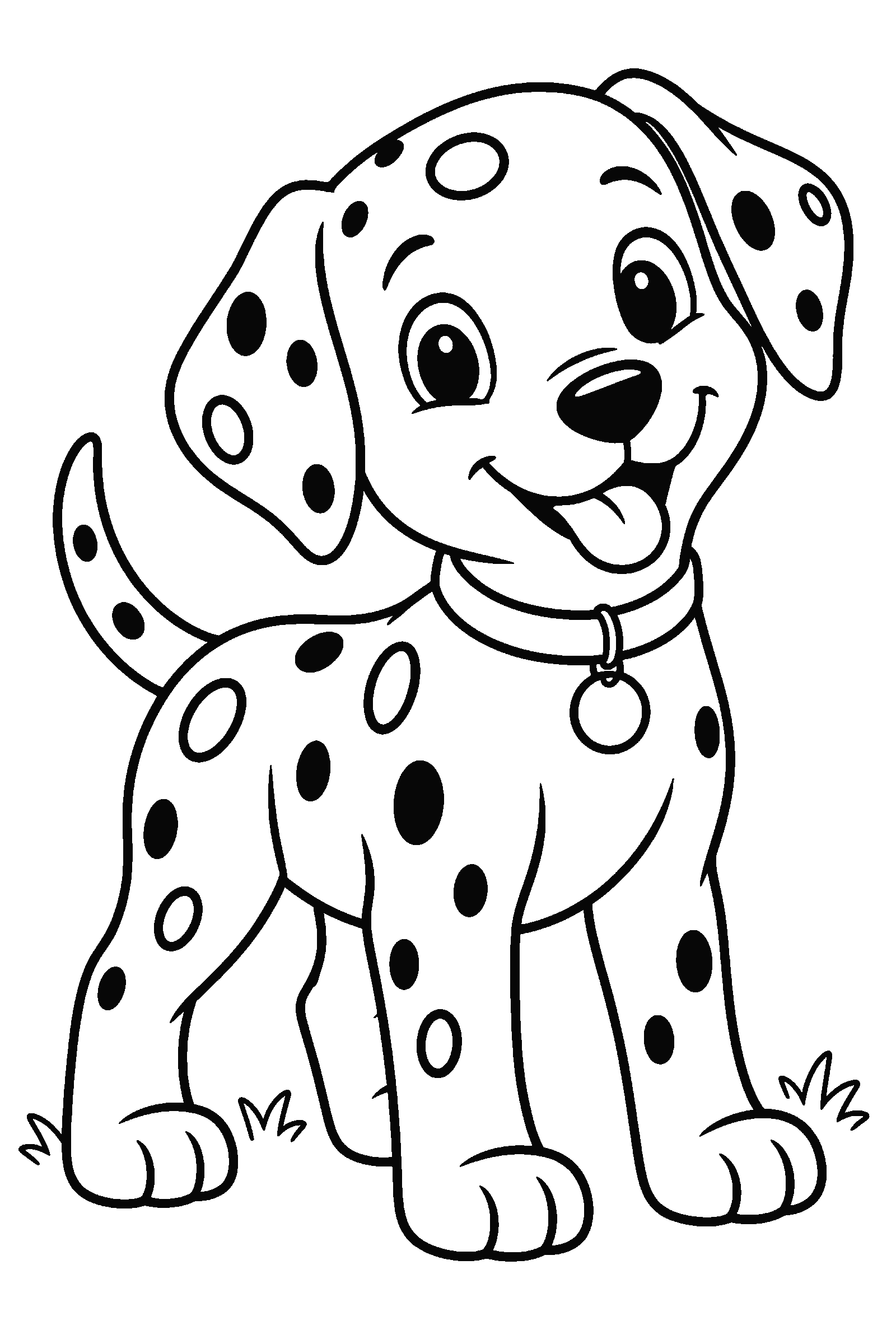 Coloring page of a dalmatian puppy with spots and a collar