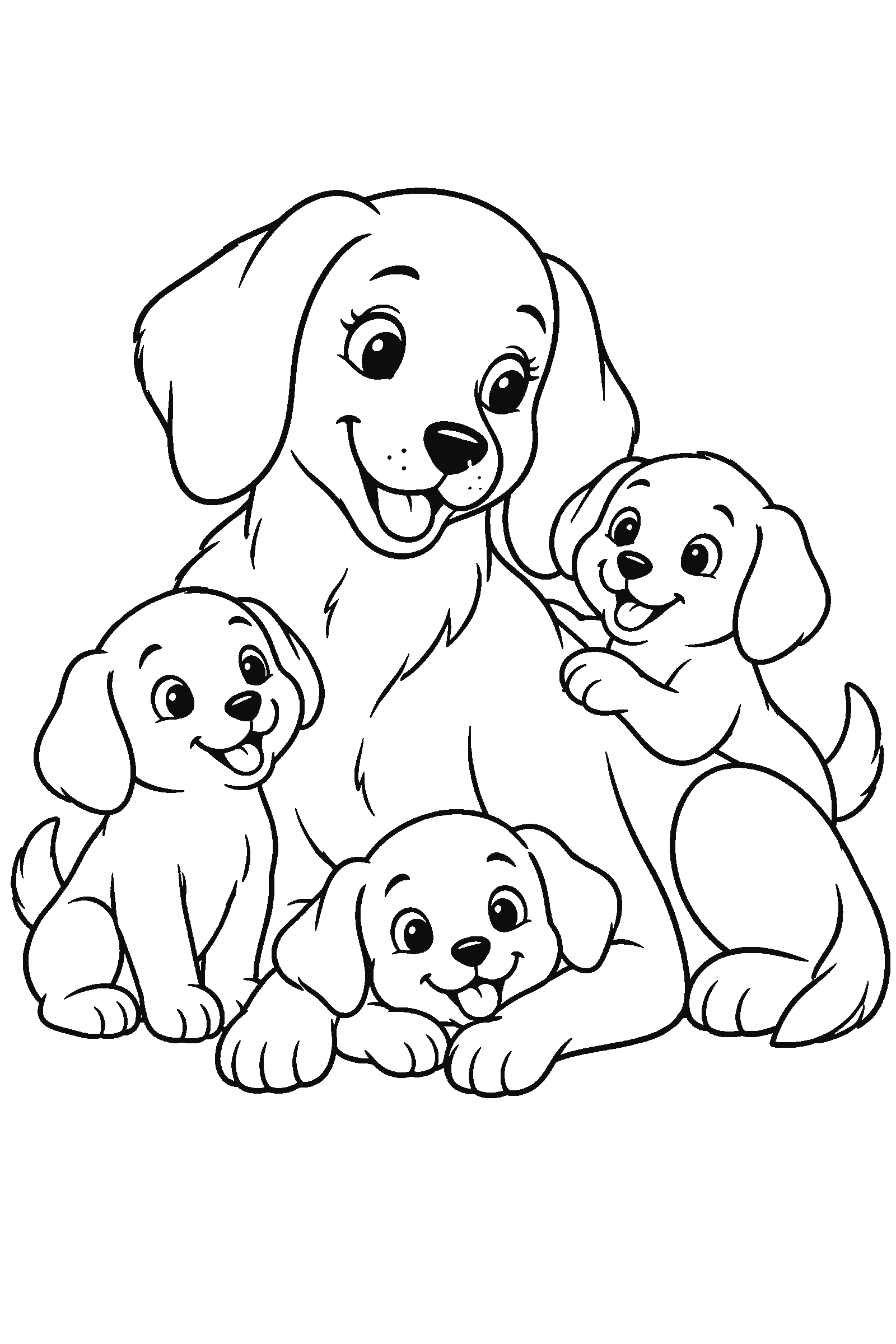Coloring page of a mother dog with three puppies