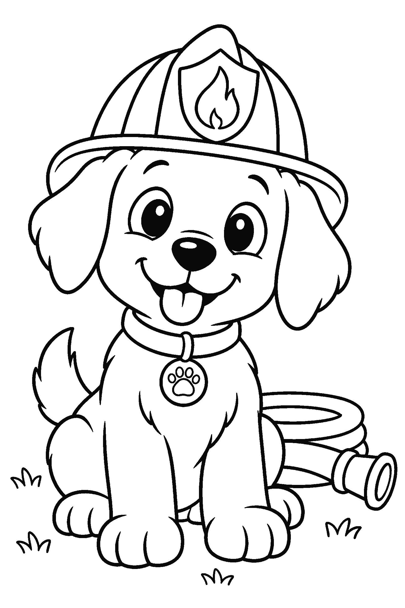 Coloring page of a dog in a firefighter helmet