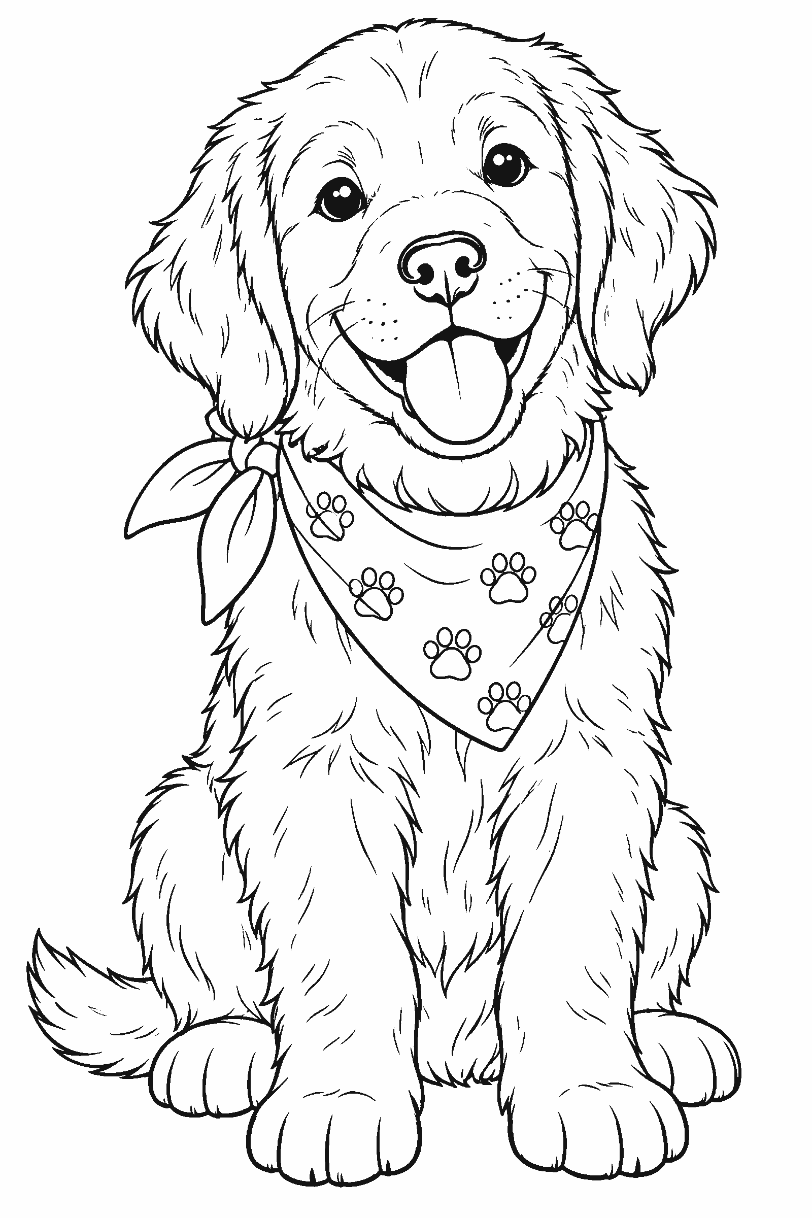 Coloring page of a golden retriever puppy portrait wearing a bandana