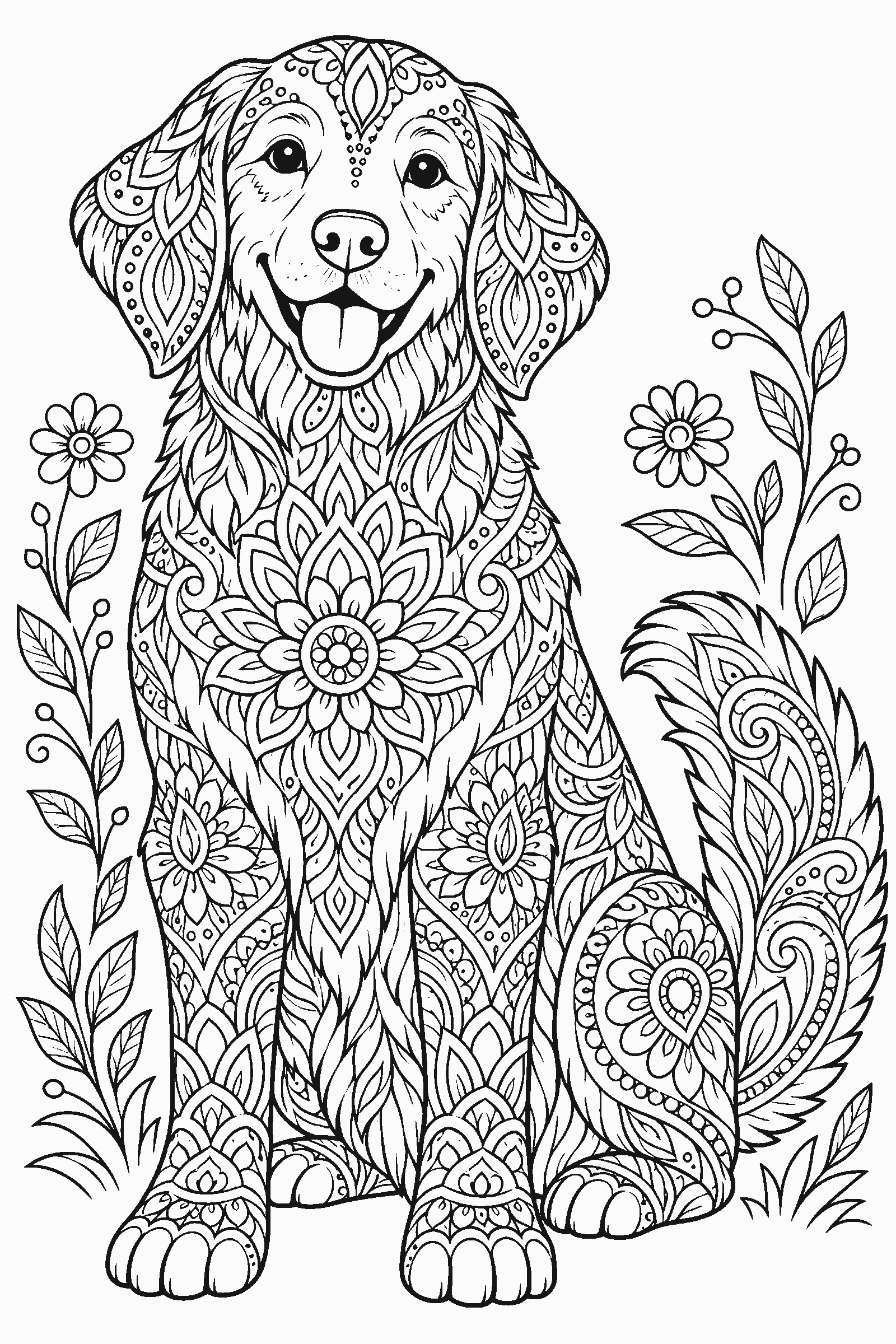 Coloring page of a dog filled with mandala patterns