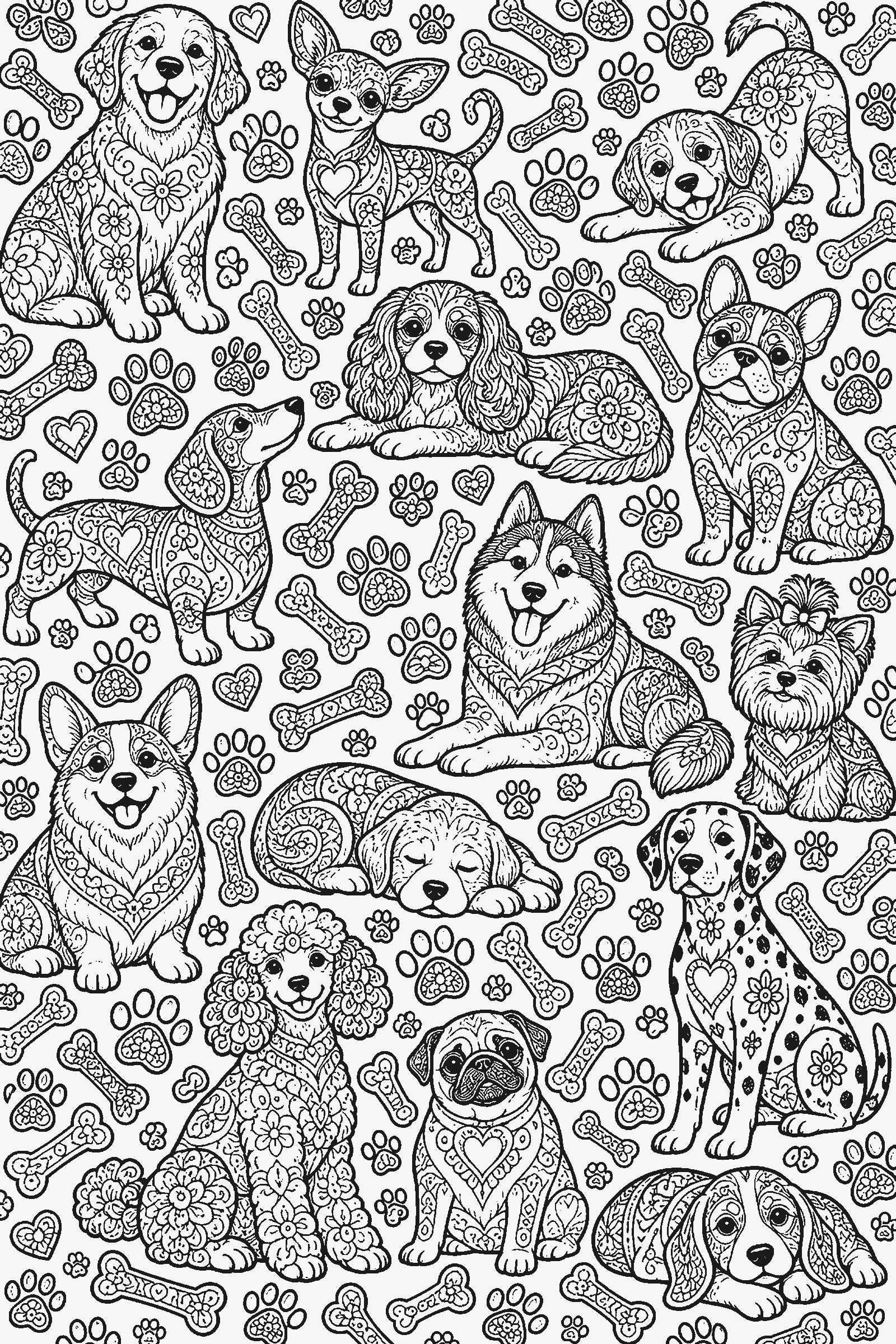 Coloring page of a full-page pattern of dogs, bones and paw prints
