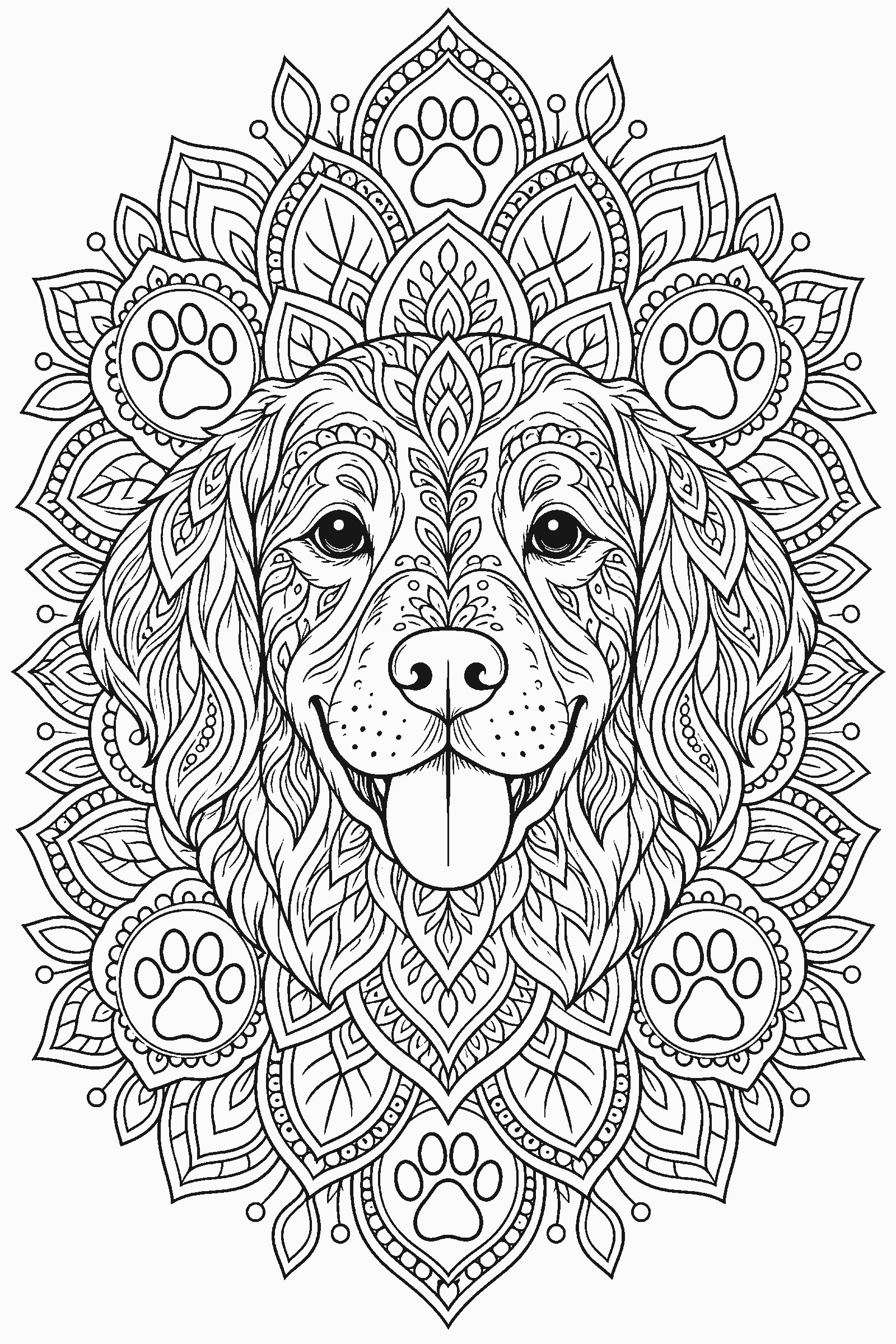 Detailed coloring page of a dog face mandala with paw prints