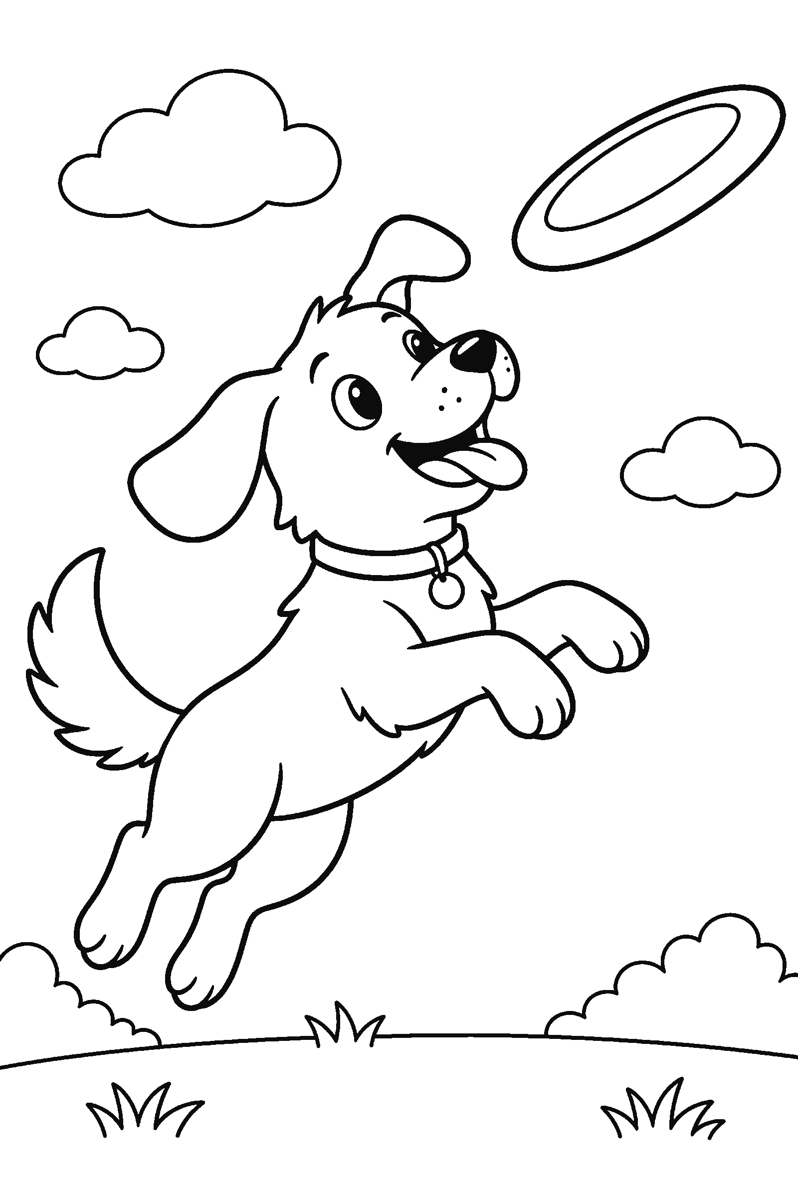Coloring page of a dog jumping to catch a frisbee