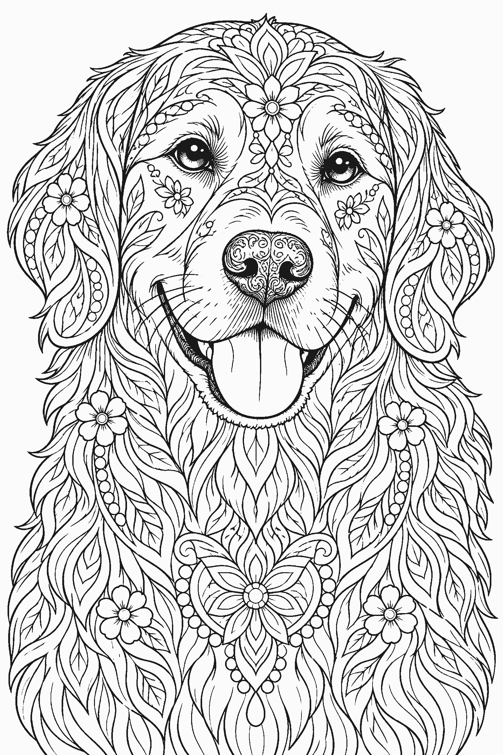 Coloring page of a detailed dog portrait drawn as outlines