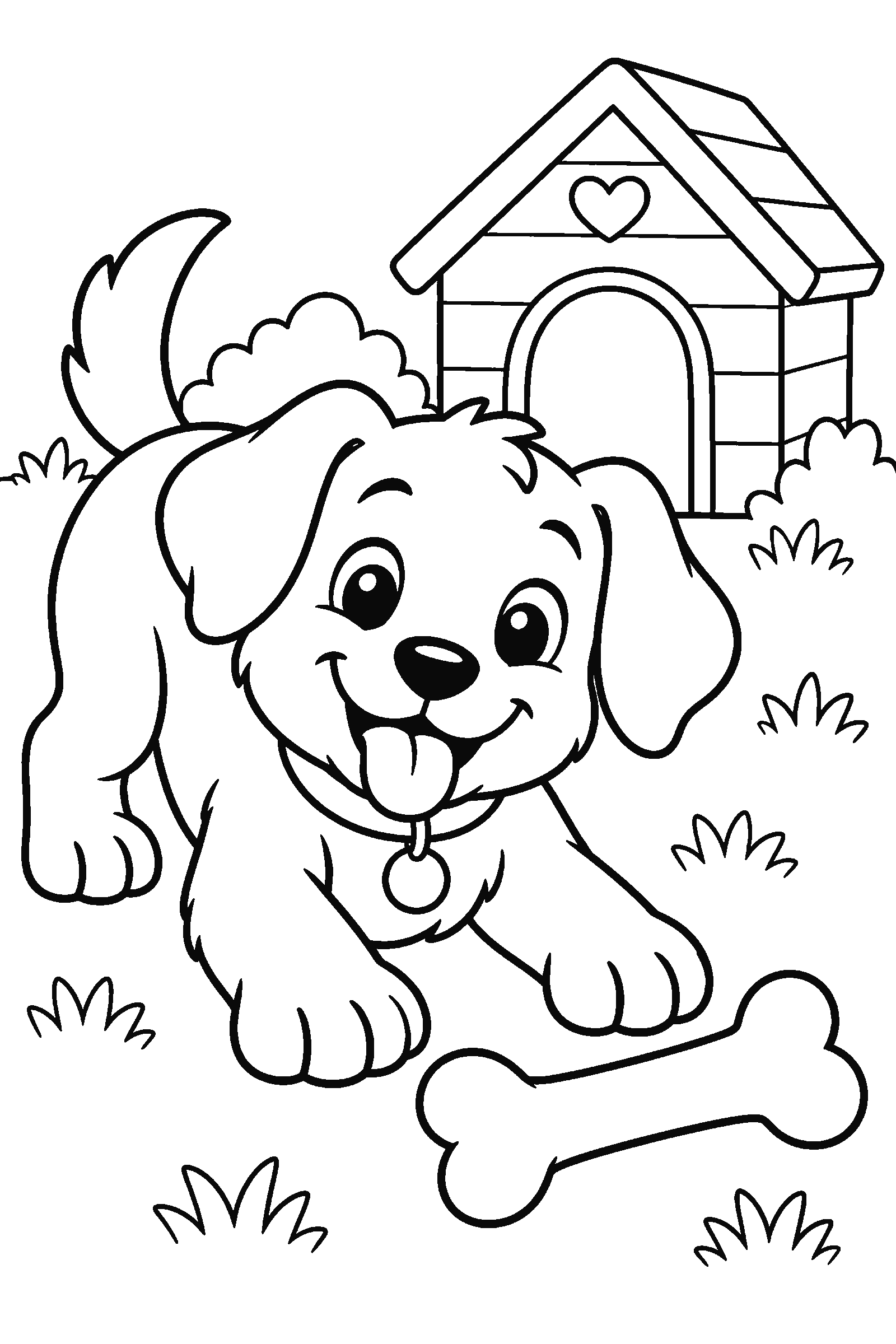 Coloring page of a puppy with a bone next to a doghouse