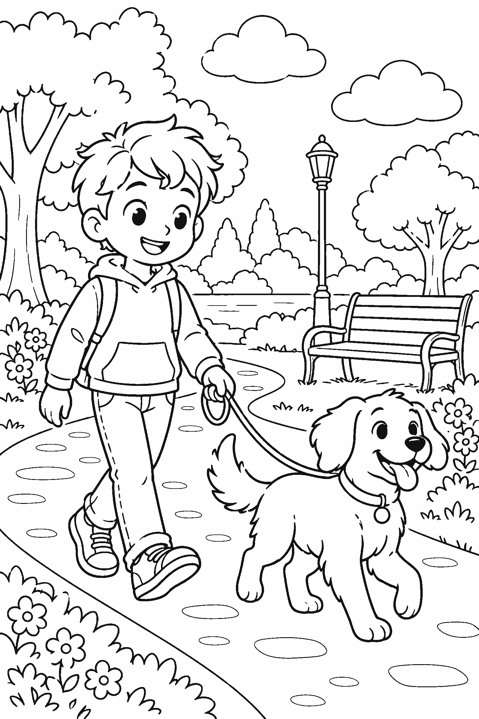 Coloring page of a kid walking a dog in the park