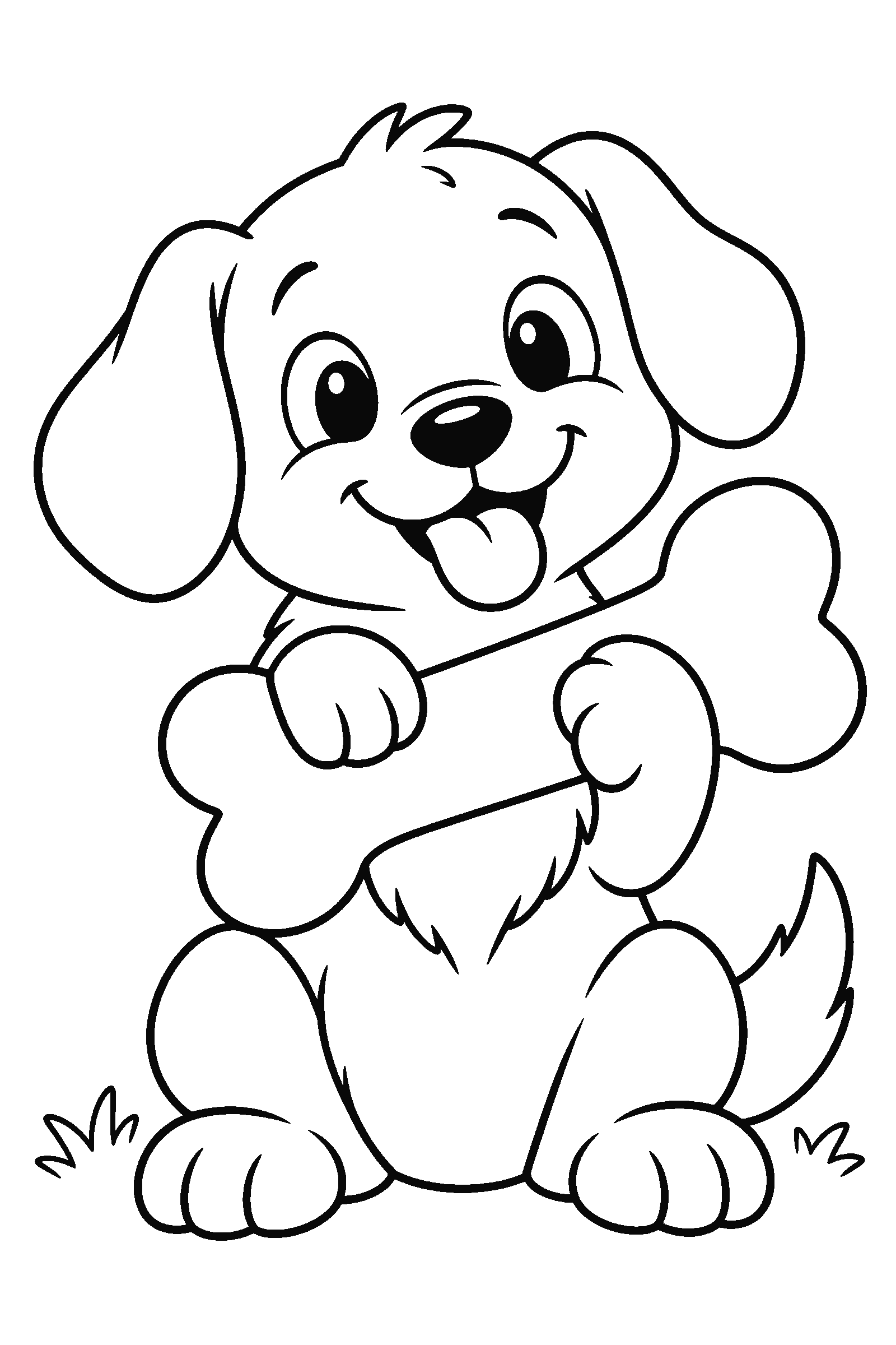 Coloring page of a happy dog holding a big bone