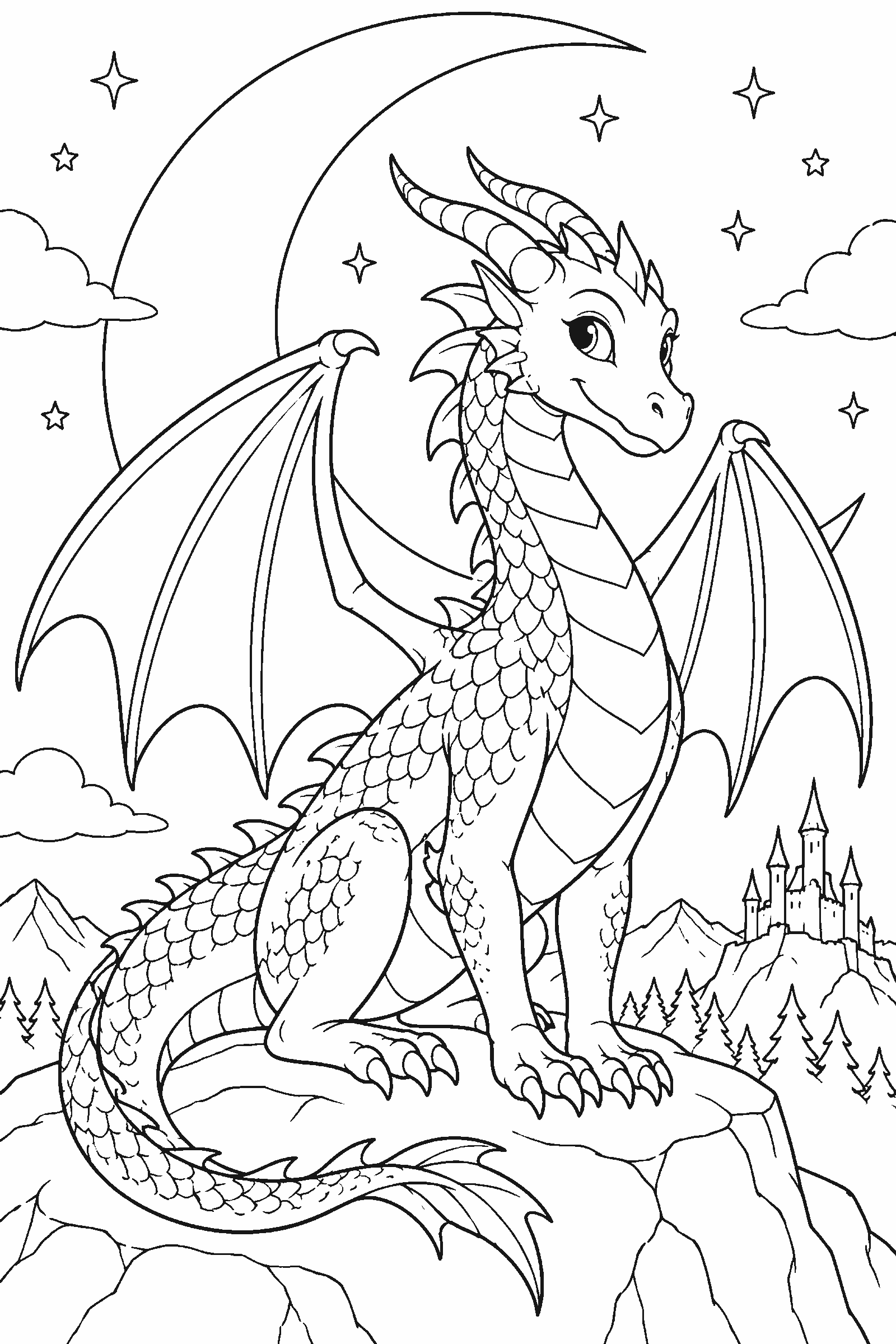 Coloring page of a dragon in front of a crescent moon