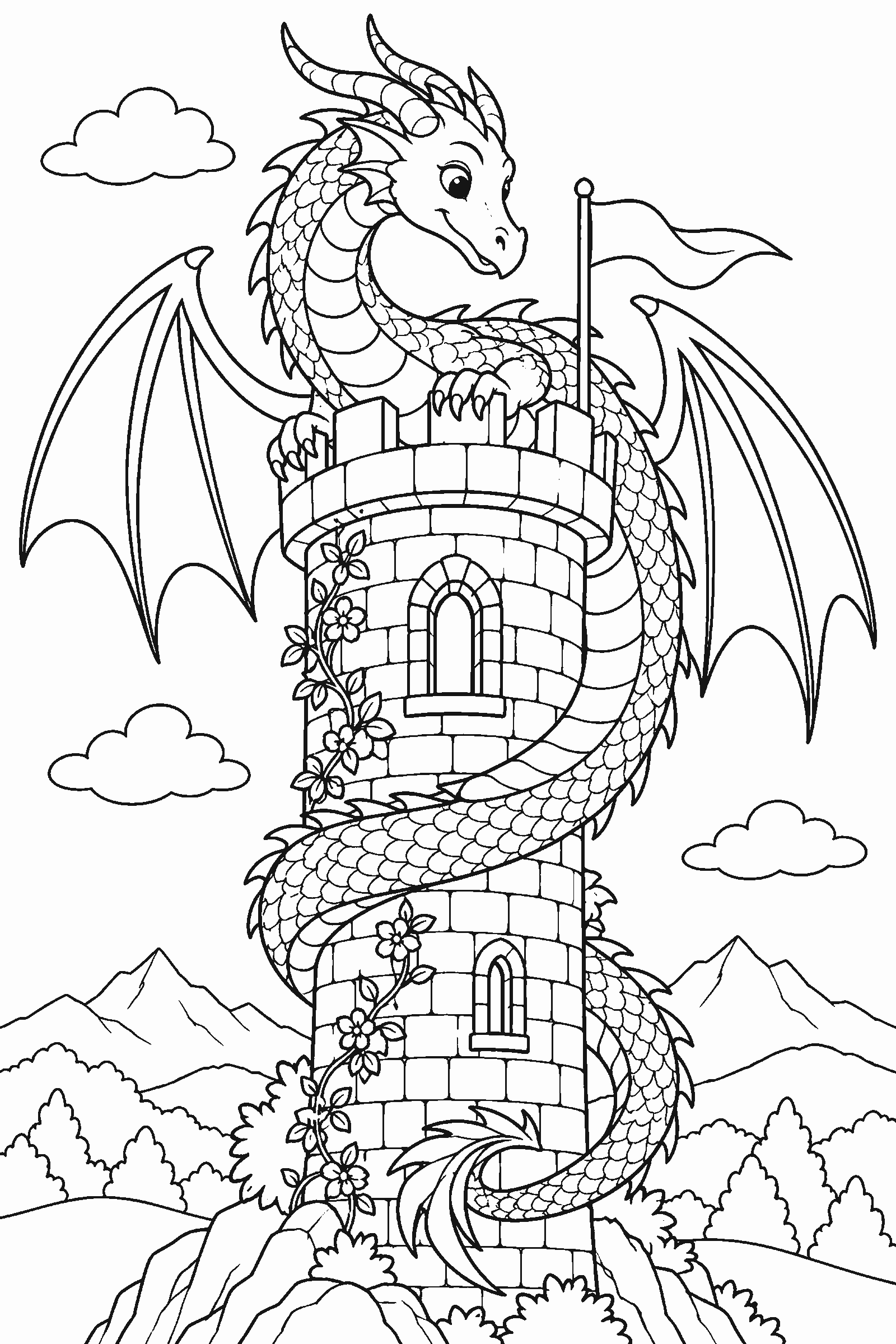 Coloring page of a dragon curled around a castle tower