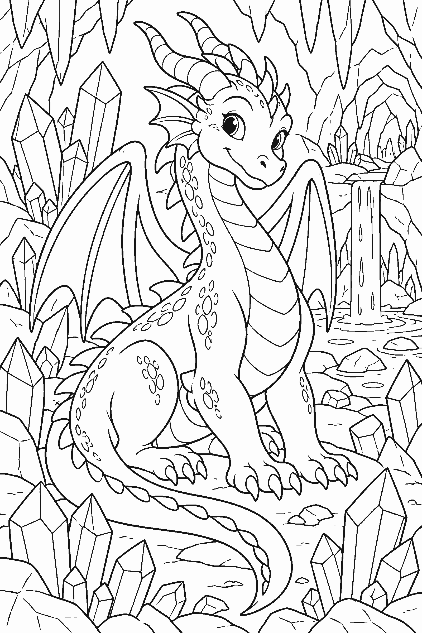 Coloring page of a dragon in a crystal cave