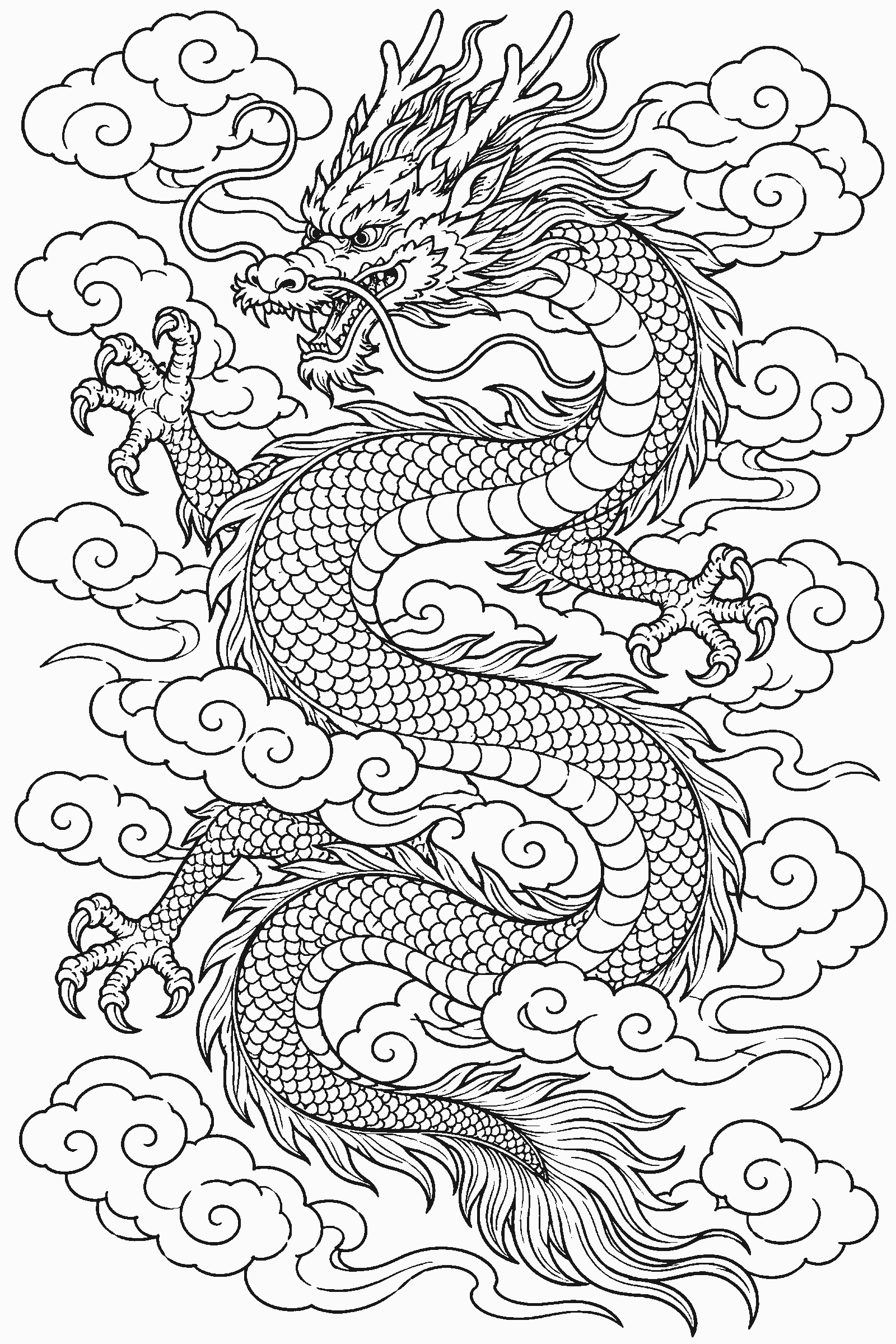 Coloring page of a detailed Chinese dragon with clouds