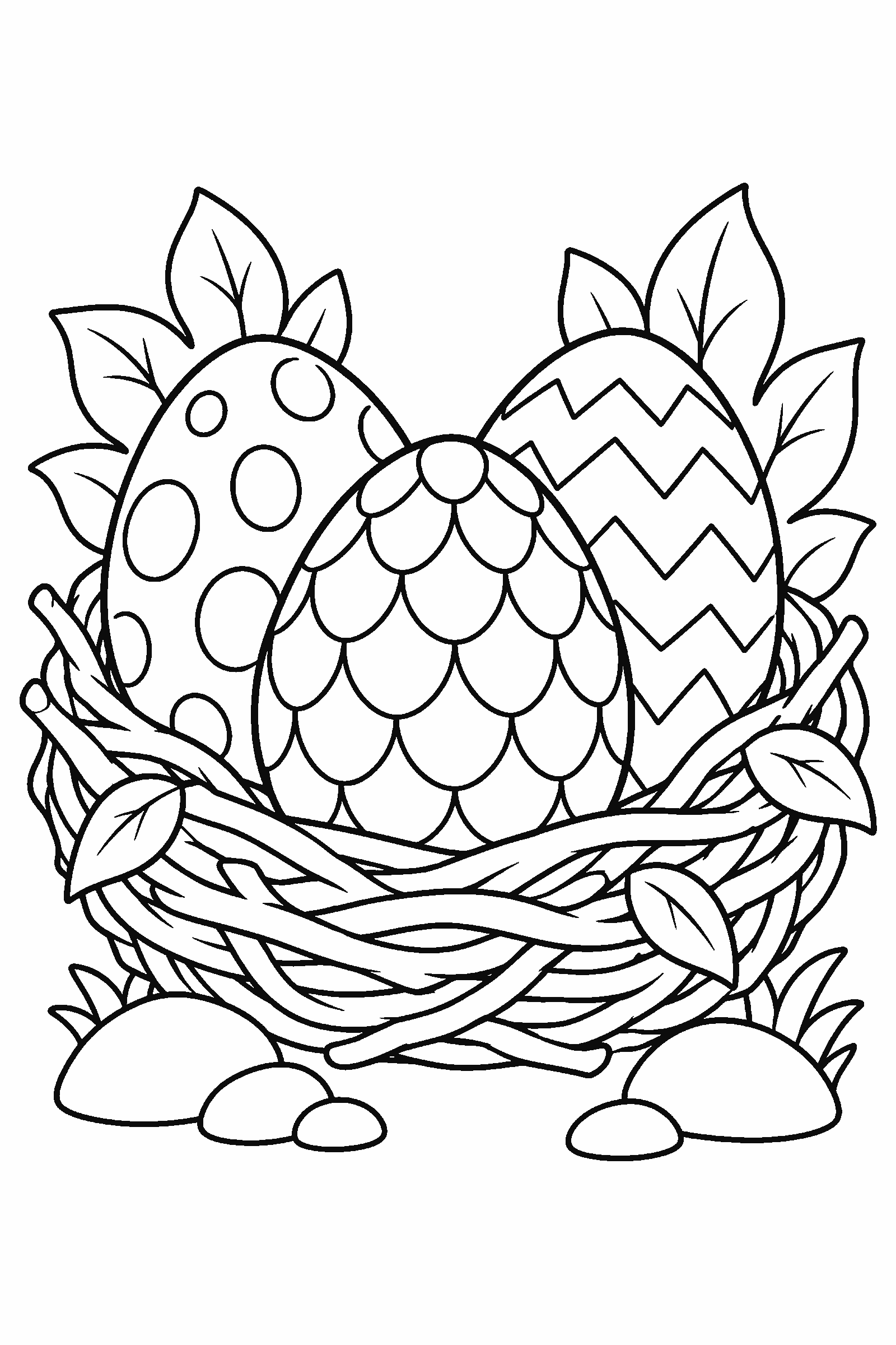 Coloring page of dragon eggs in a nest