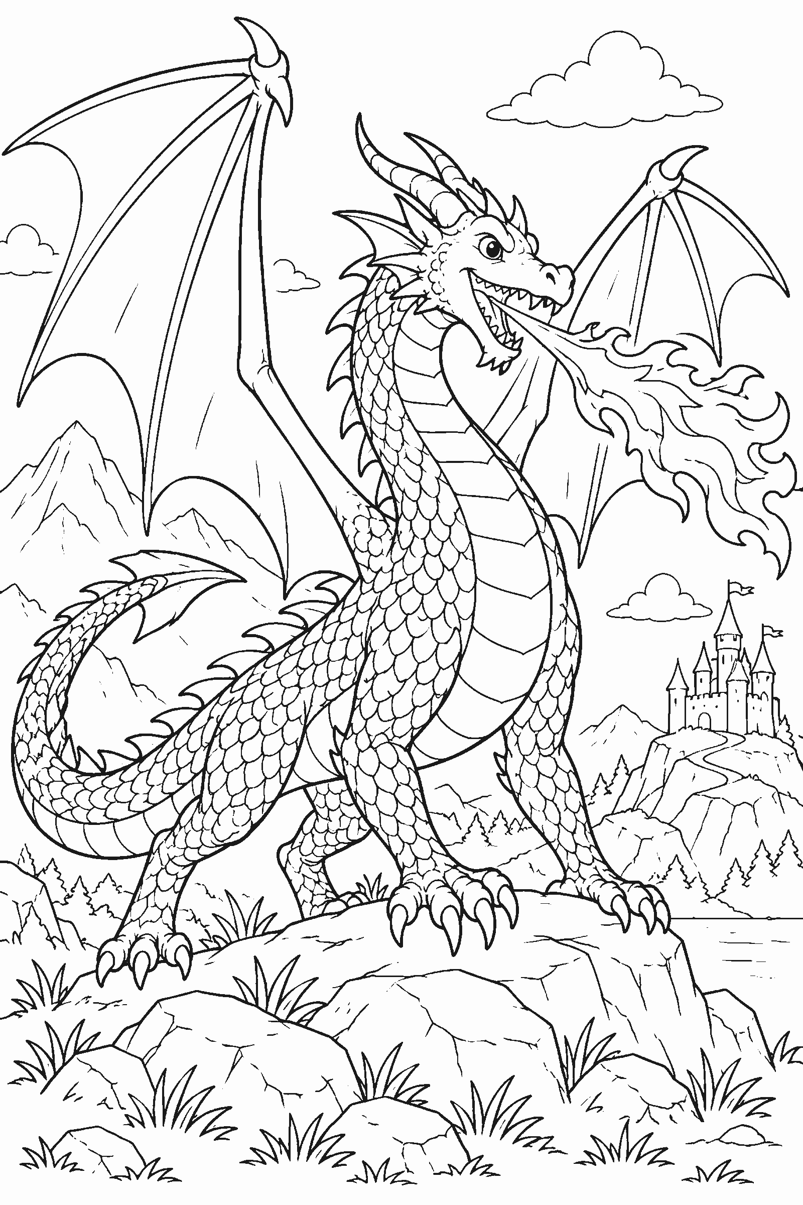 Coloring page of a dragon breathing fire
