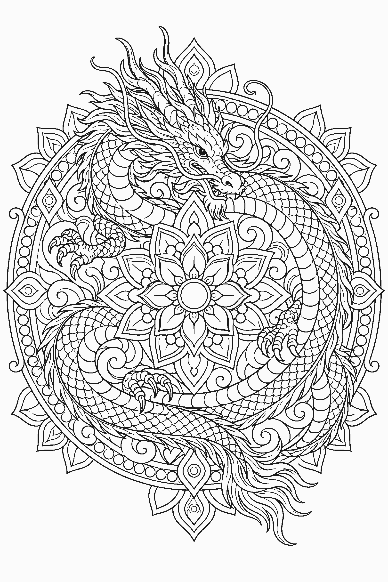 Coloring page of a detailed dragon in a circular mandala
