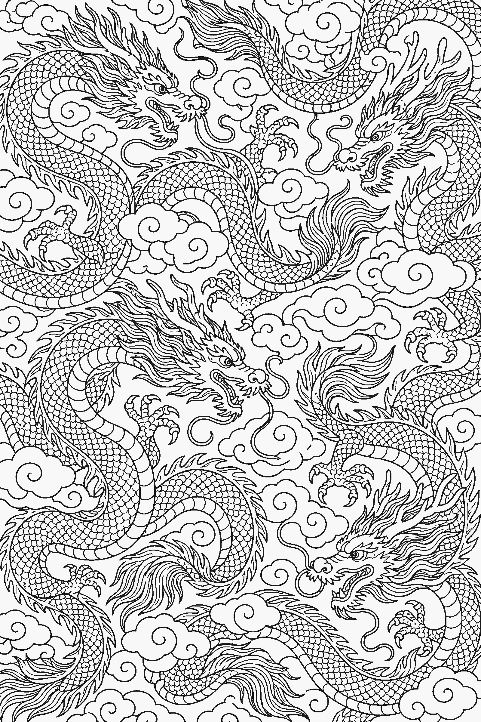 Coloring page of a full-page pattern of dragons and clouds