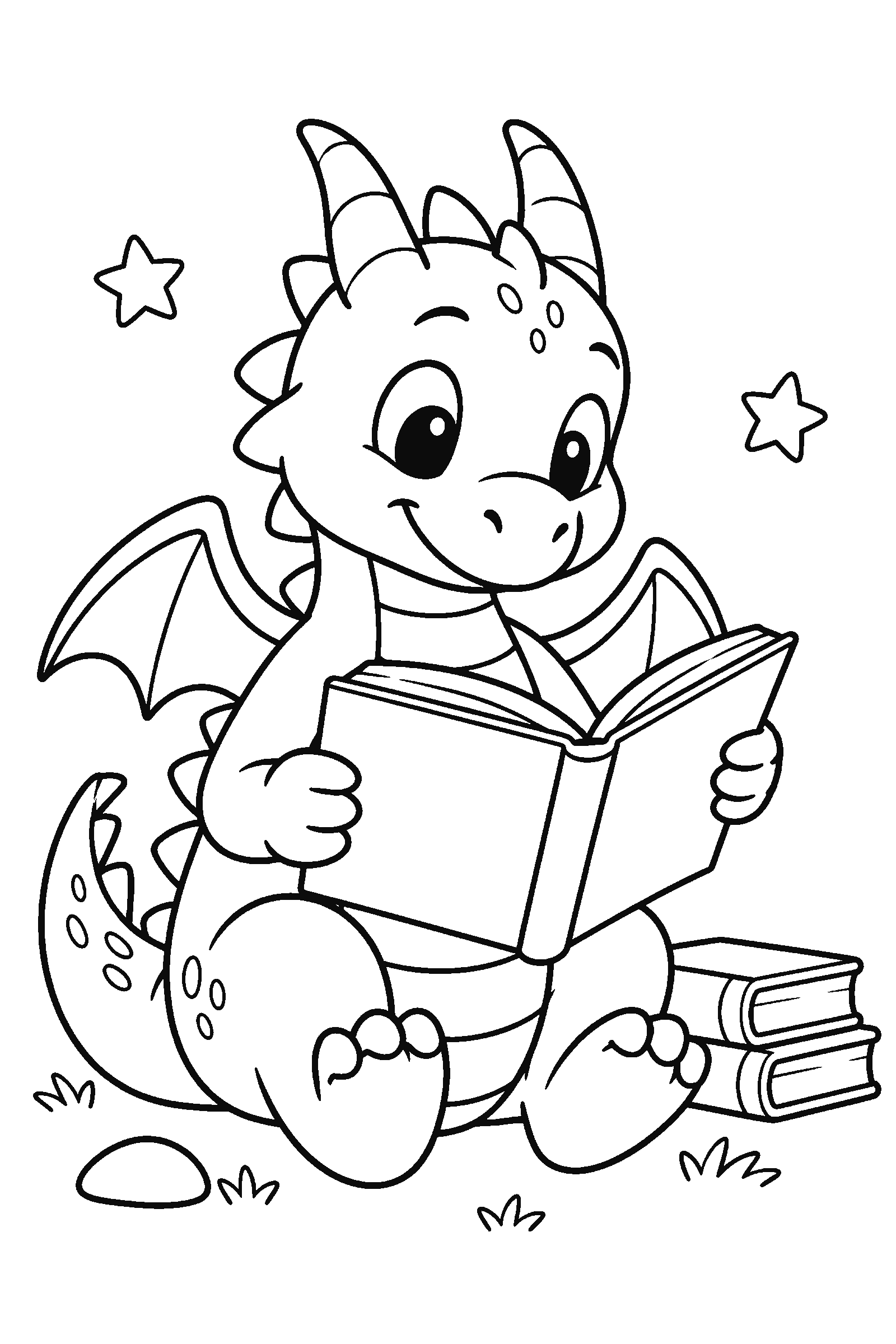 Coloring page of a dragon reading a book