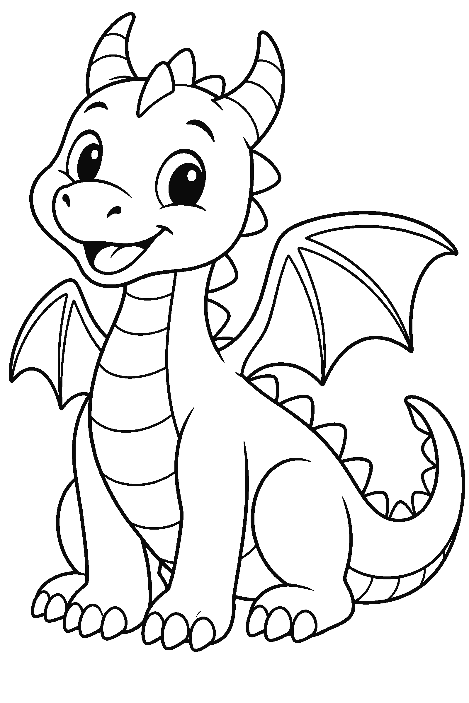 Coloring page of a simple friendly dragon for young kids