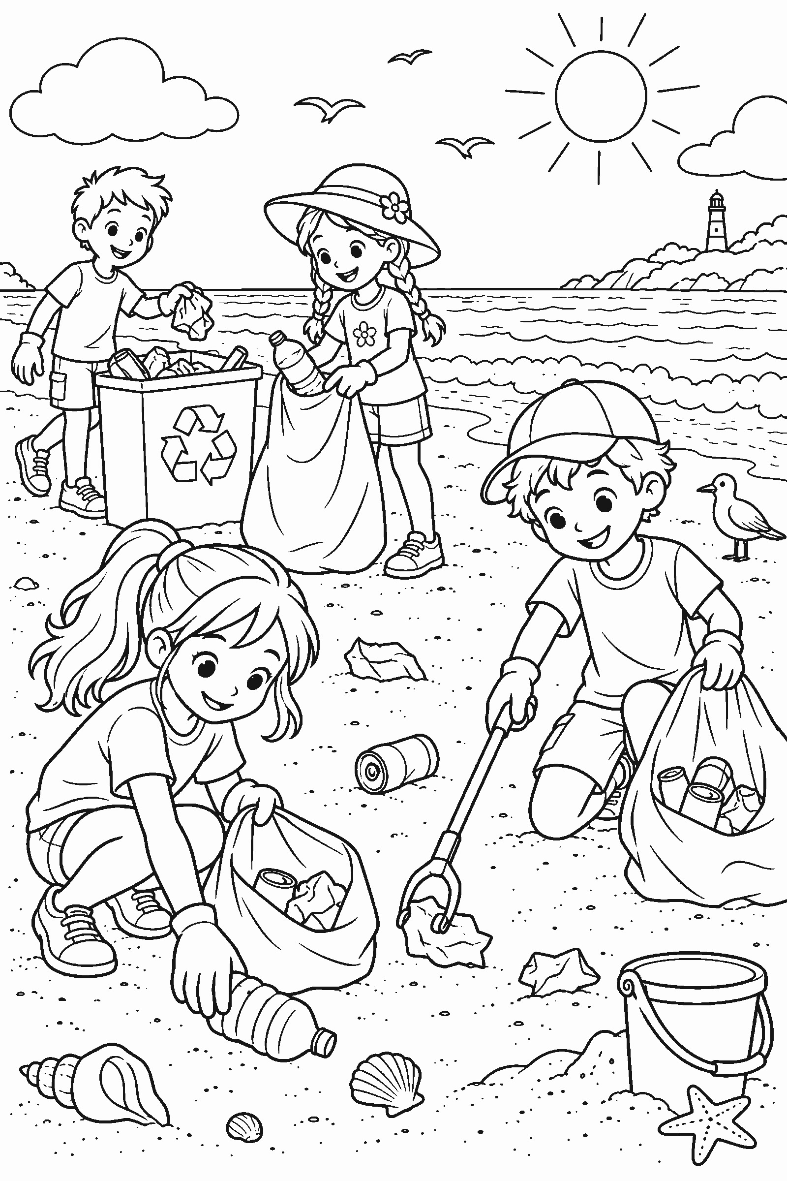 Coloring page of kids picking up litter on a beach