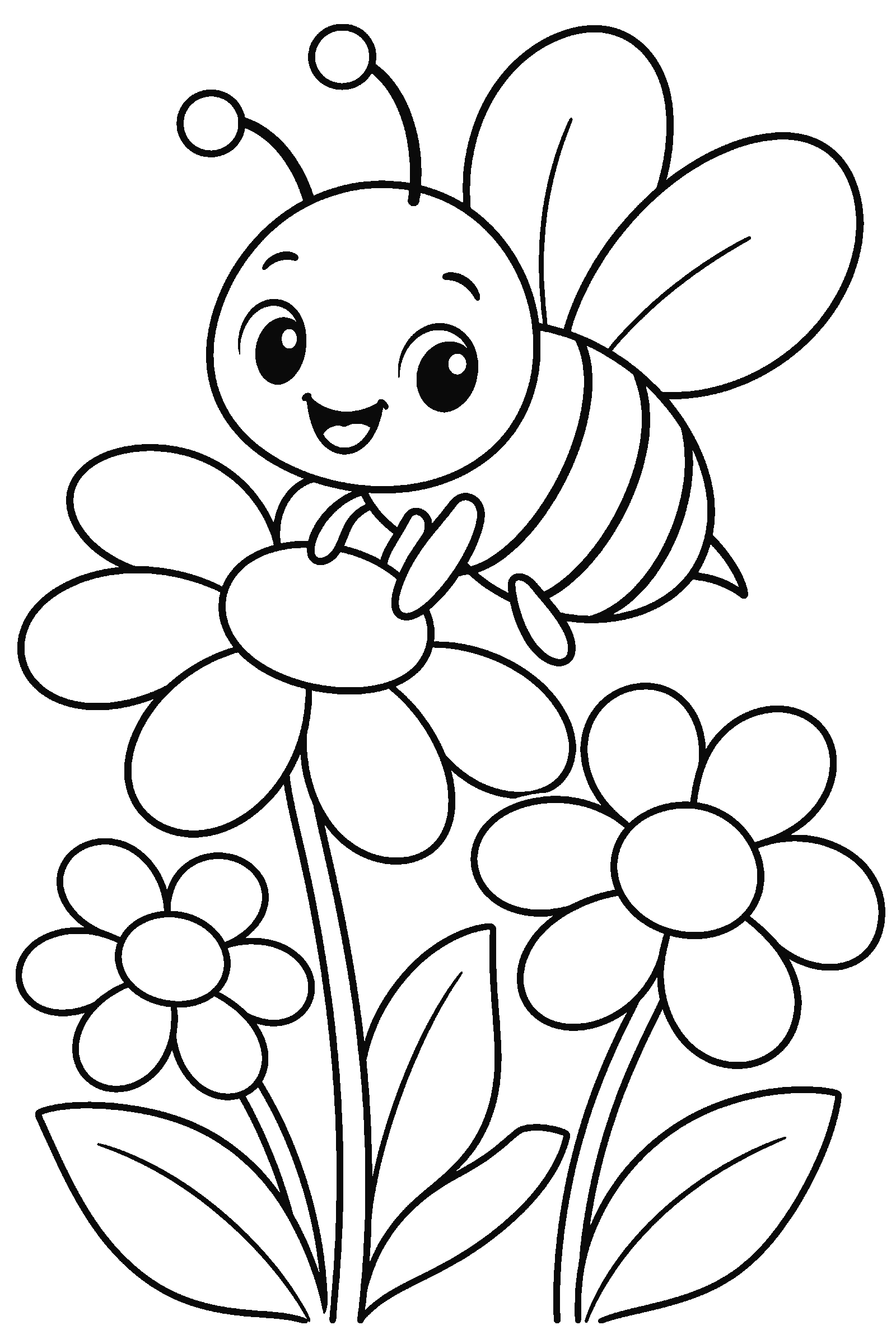 Coloring page of a bee on flowers