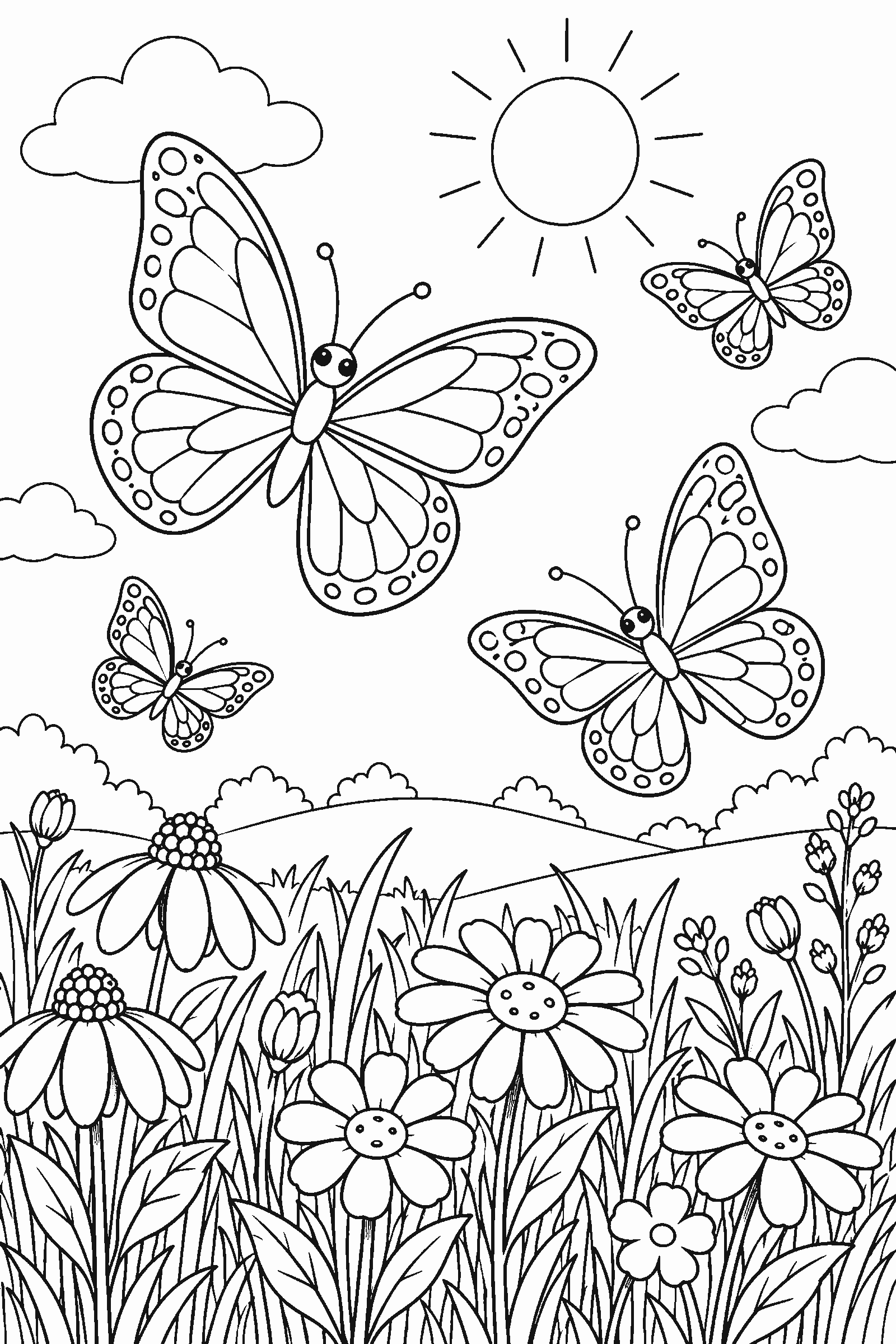 Coloring page of butterflies over a meadow