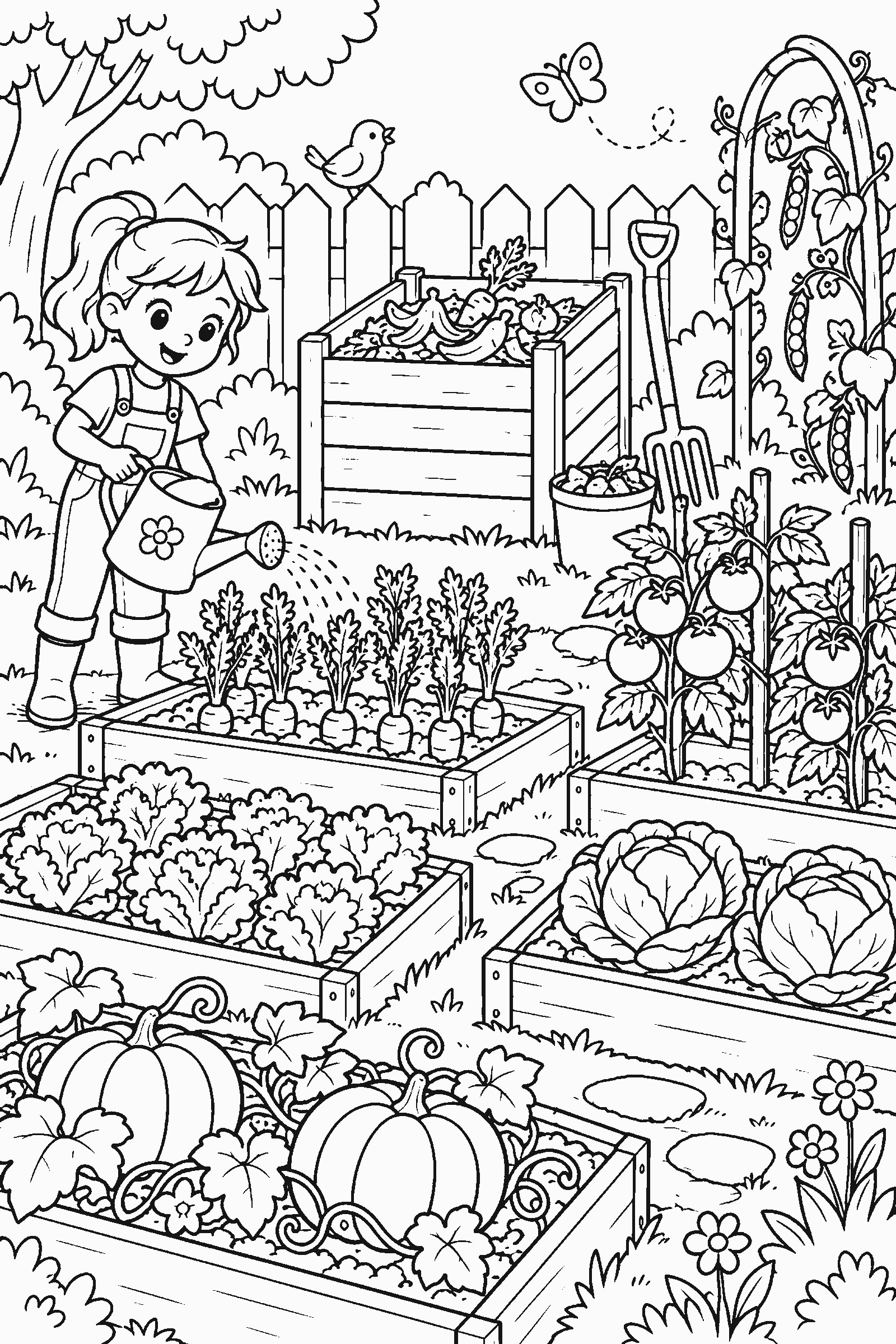 Coloring page of a vegetable garden with a compost bin
