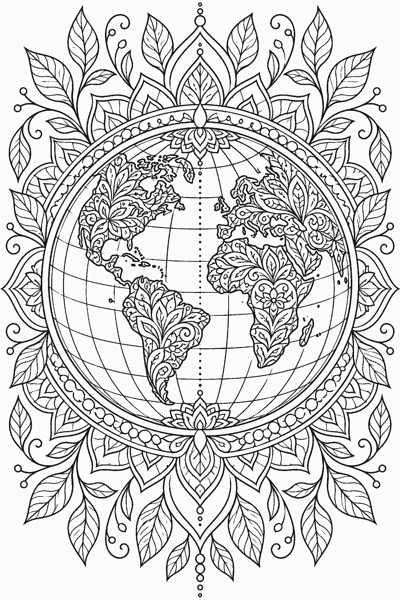 Coloring page of a globe mandala with leaves