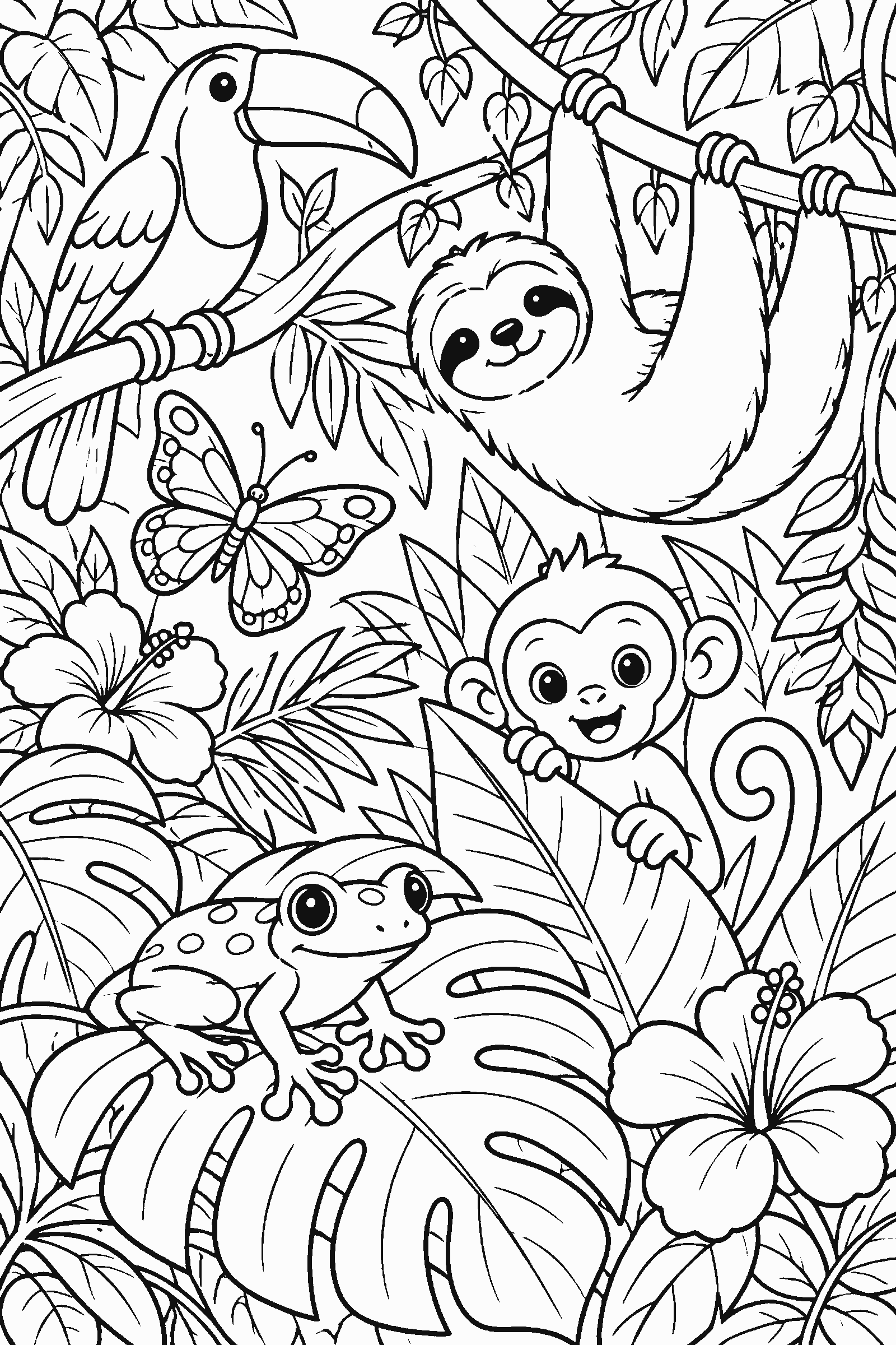 Coloring page of rainforest animals among big leaves